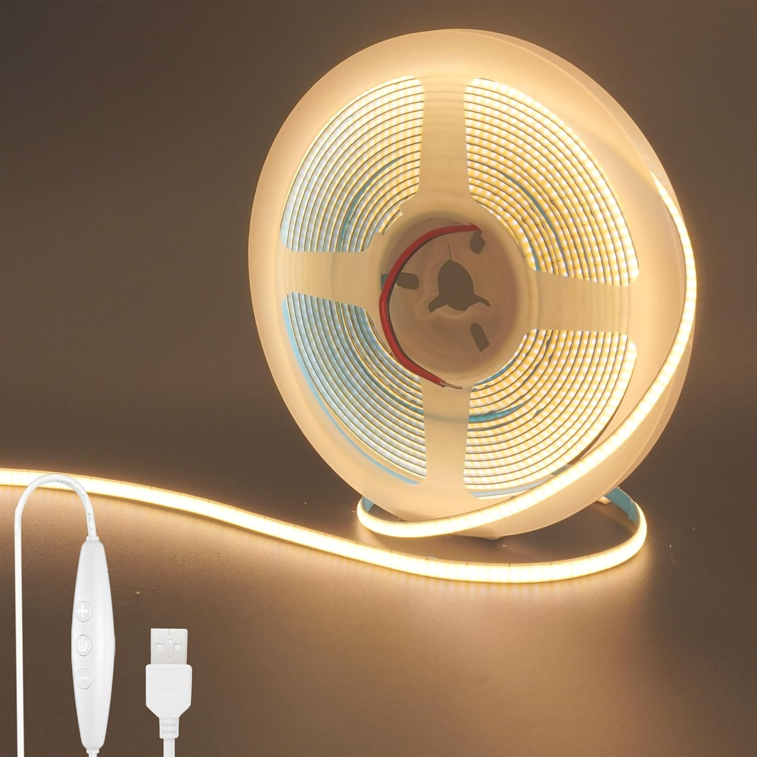 Clearhill 5V USB COB LED Strip Lights with Dimmable Switch,6.56Ft/2M,Warm White 3000K,320Leds/M,5Mm Width,Not Waterproof IP20,1.5M USB Switch Cable,For DIY Home Indoor Decoration