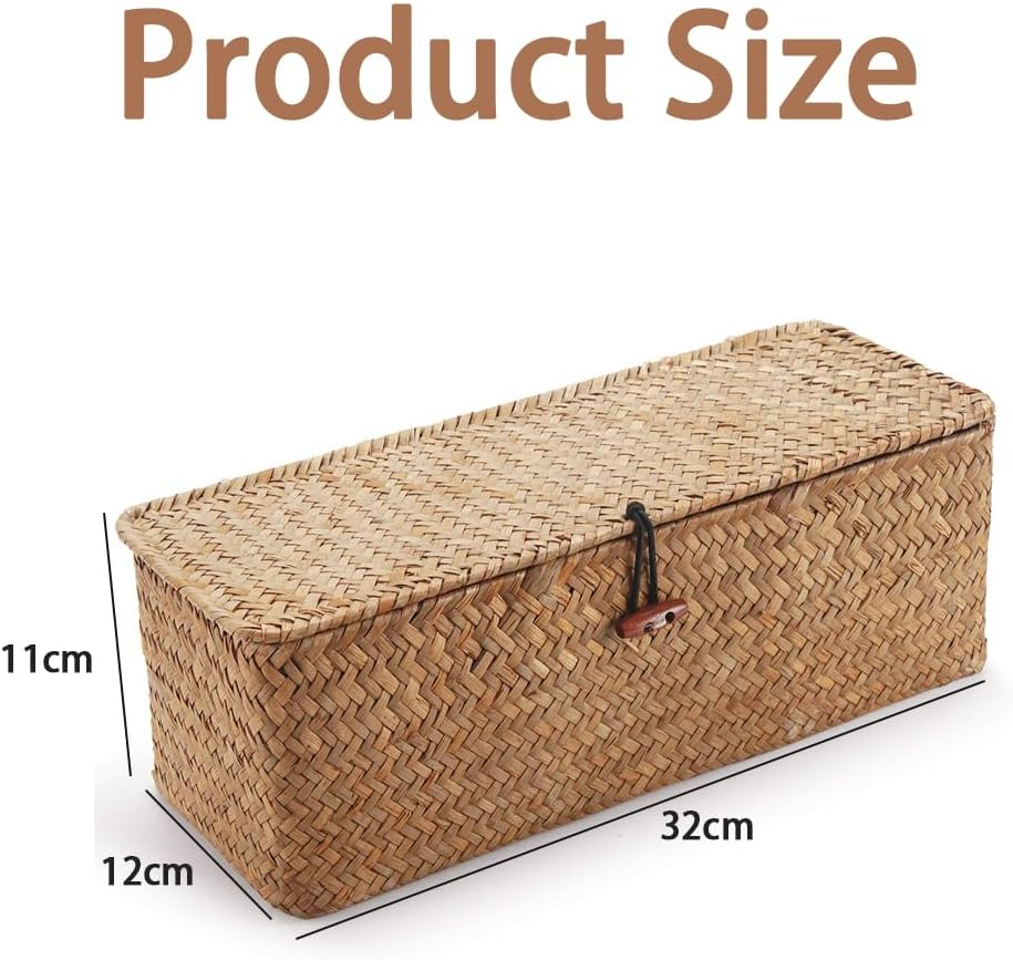 Seagrass Tank Basket with Lid Woven Toilet Roll Storage Basket with Sections Rectangular for Organize Snack Toys, Large Compartment, 16.5X4.7X4.3Inch image number 1