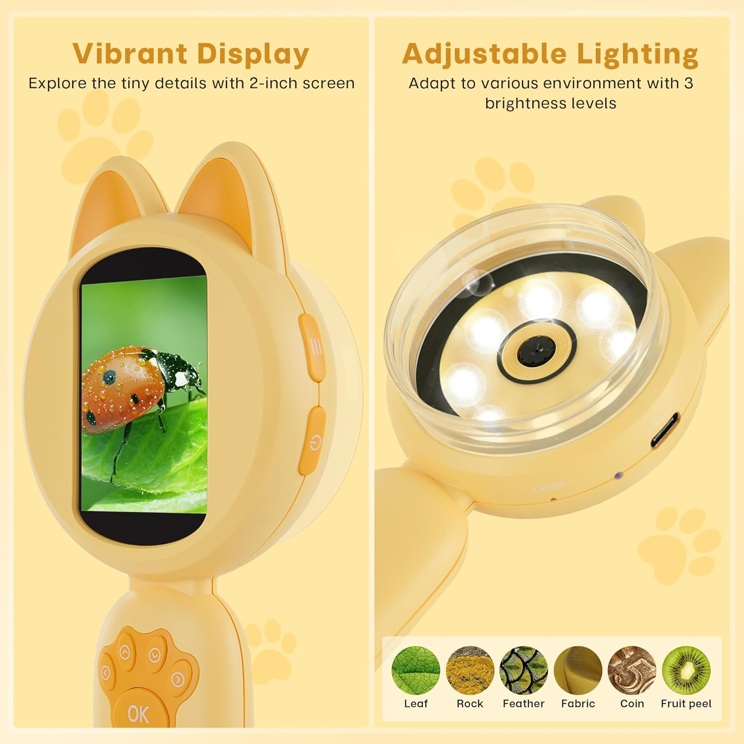 Mia Kids Microscope, Mini Digital Microscope for Kids with 2'' IPS Screen, Handheld Mini Scope Educational Science Toy Kit, Christmas/Birthday Gifts for Children Aged 3-12 (Yellow) image number 2