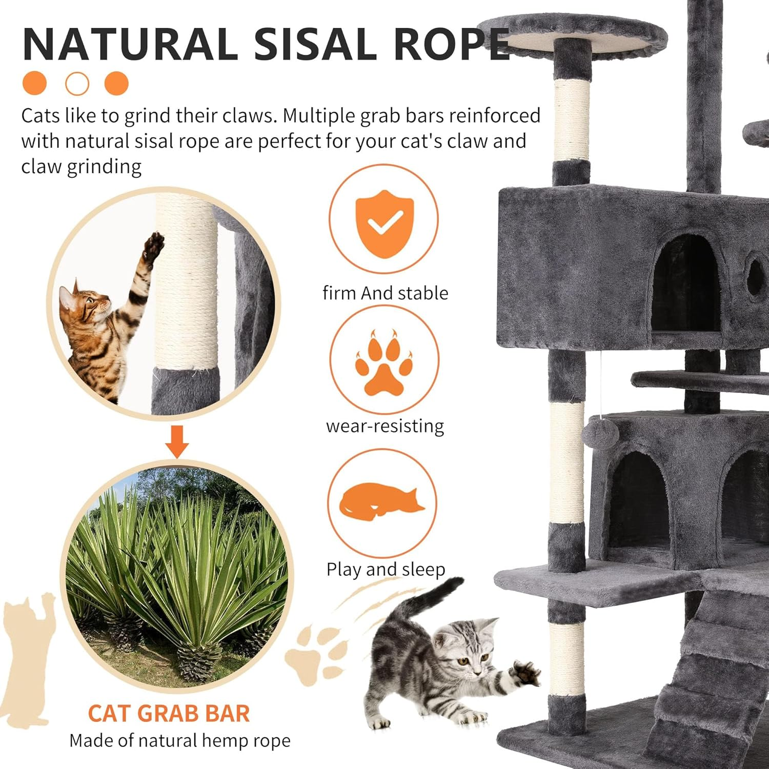 ZERIFAM 130Cm Cat Tree, Large Cat Tower Condo for Indoor Cats with Sisal Scratching Post, Soft Plush Multi-Level Climbing Tree Cat House with Climbing Ladder and Pompoms image number 5