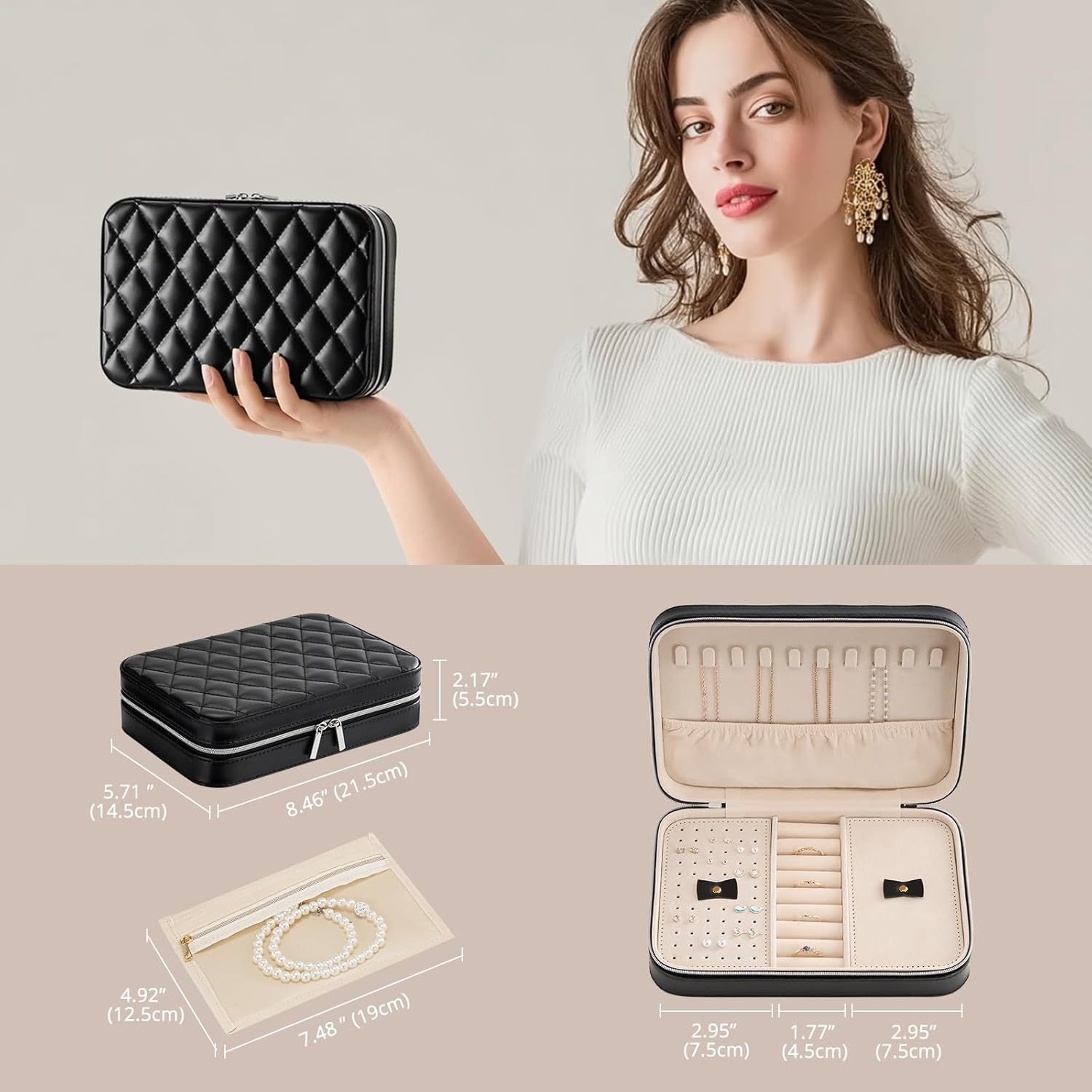 Lolalet Travel Jewelry Case for Women, Travel Jewelry Organizer Box with Mirror & Clear Storage Bag, Small Portable Traveling Ring Case for Earrings Necklace Bracelet Rings -Medium, Black image number 3