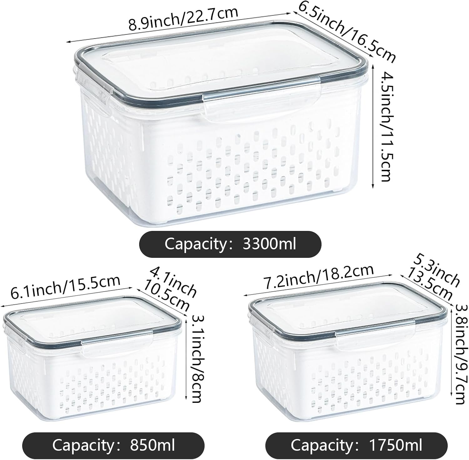 Lizbin 3 PCS Fruit Storage Containers for Fridge with Removable Colander, Leak Proof Food Storage Containers, Airtight Food Storage Containers, Food Storage Containers with Lids, Keep Food Meat Fresh