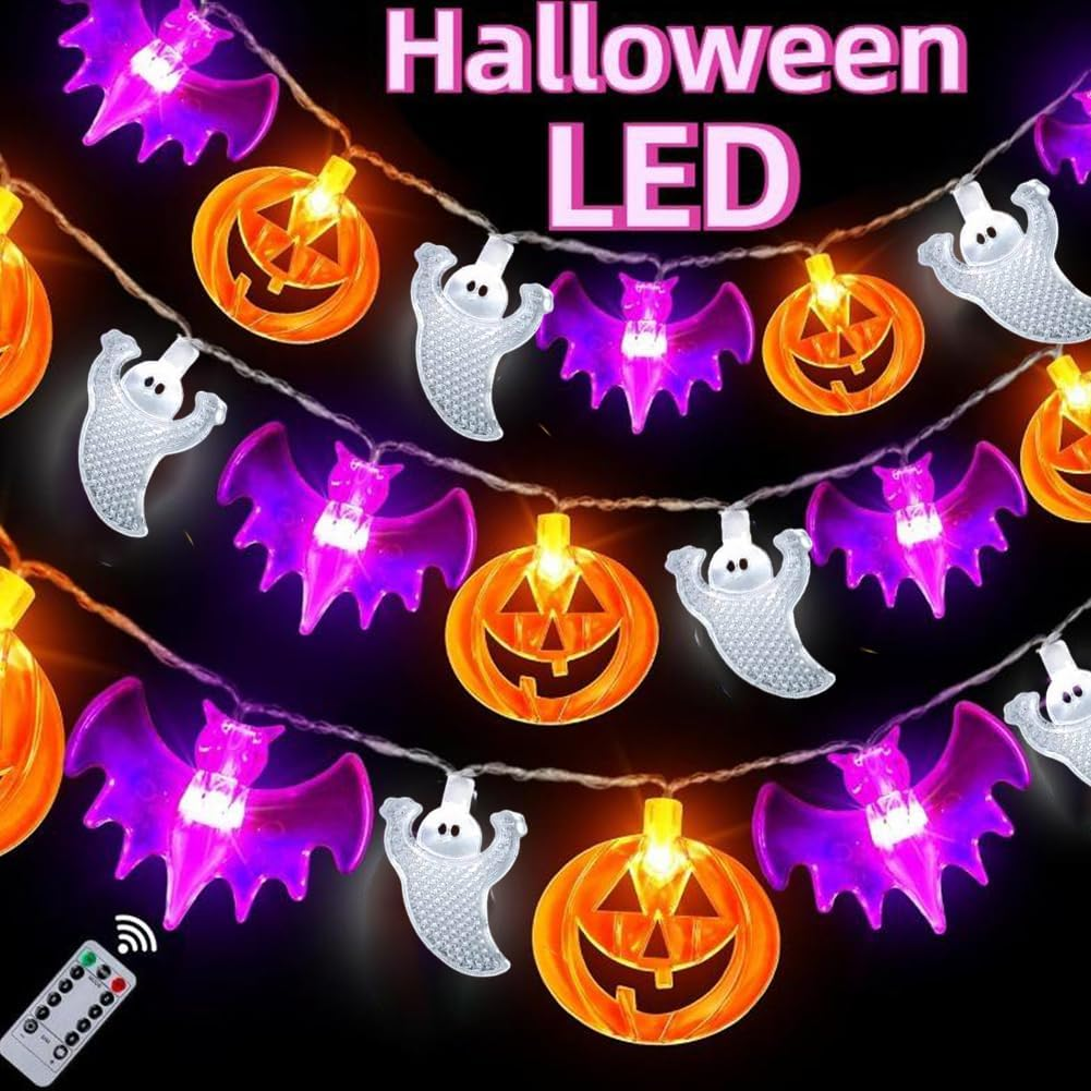 Halloween Fairy Lights, Pack of 3 Ghost Bats Pumpkin Fairy Lights, 3 Metres, 20 Leds, Orange Pumpkins, Purple Bats, White Ghost Lights, for Halloween Decoration, Carnival, Porch, Window
