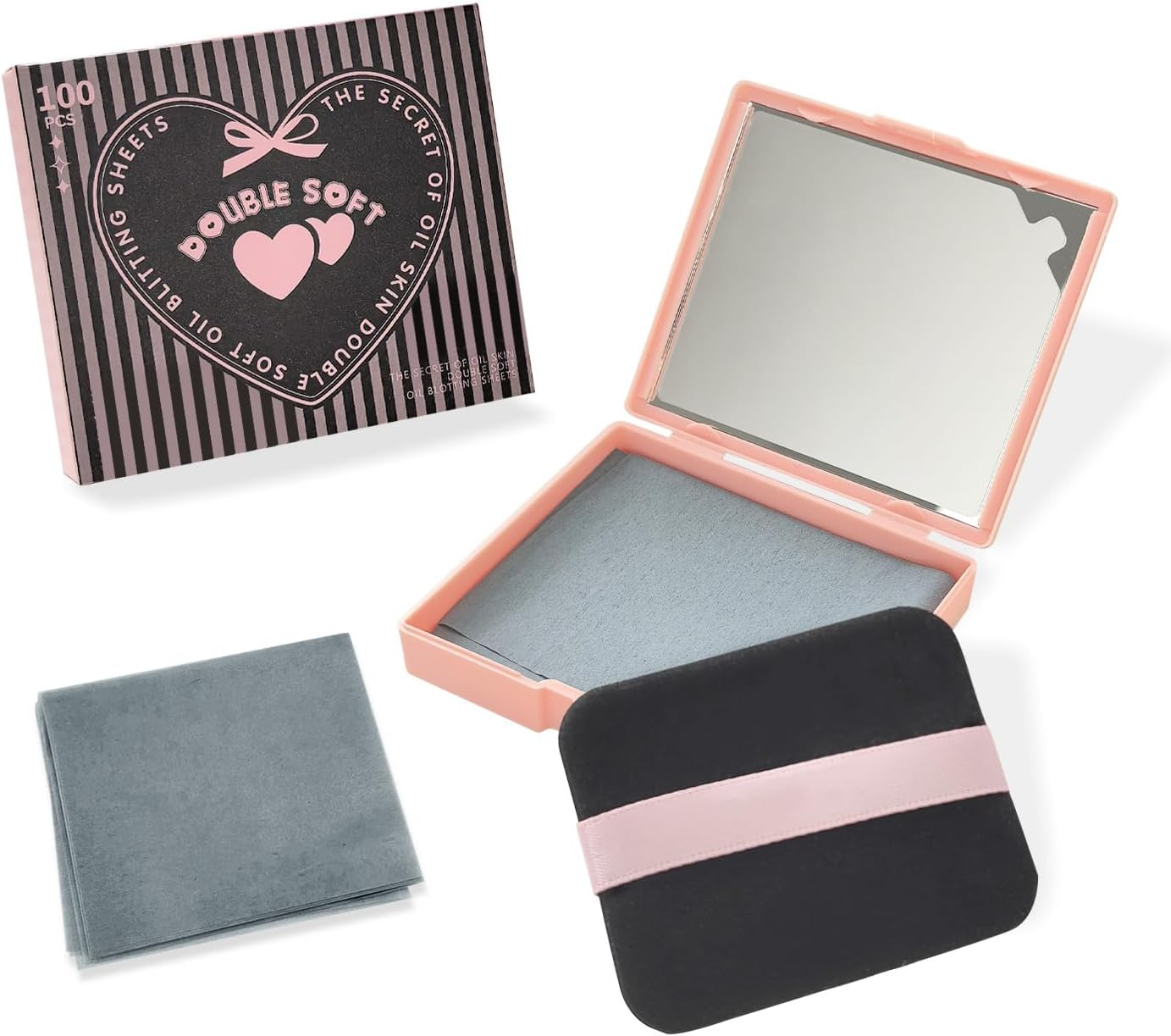 BOROLA 3-In-1 Oil Blotting Paper Set for Face Oil Absorbing Sheet with Portable Mirror & Adhesive Makeup Puff, Blotting Paper for Oily Skin, Design for Men & Women(100 Sheets, Pink Bow)