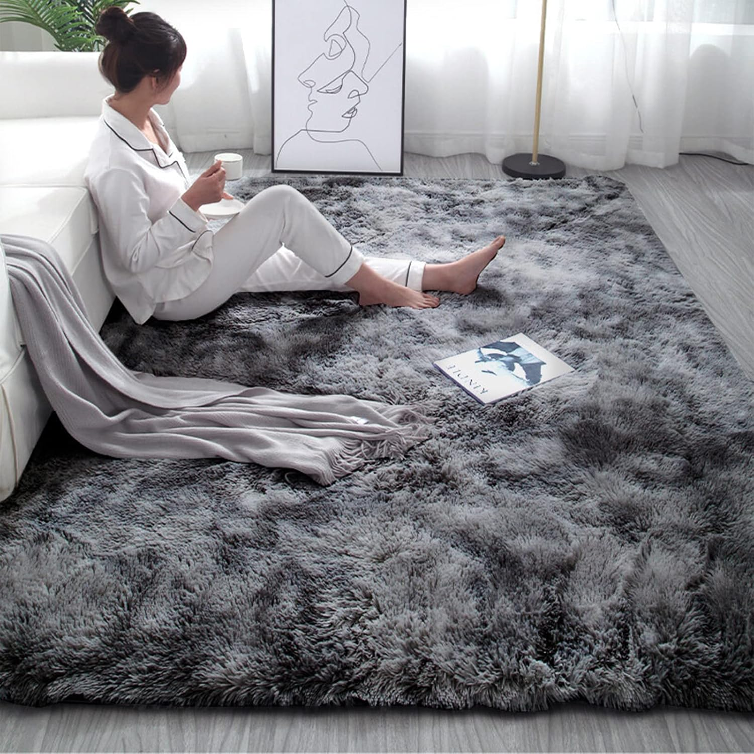 Large Fluffy Area Rugs, Soft Shaggy Rugs Carpets for Living Room Bedroom Dining, 160 X 230Cm Indoor Modern Non Slip Chair Mat Home Decor Carpet Floor Mat, Dark Grey