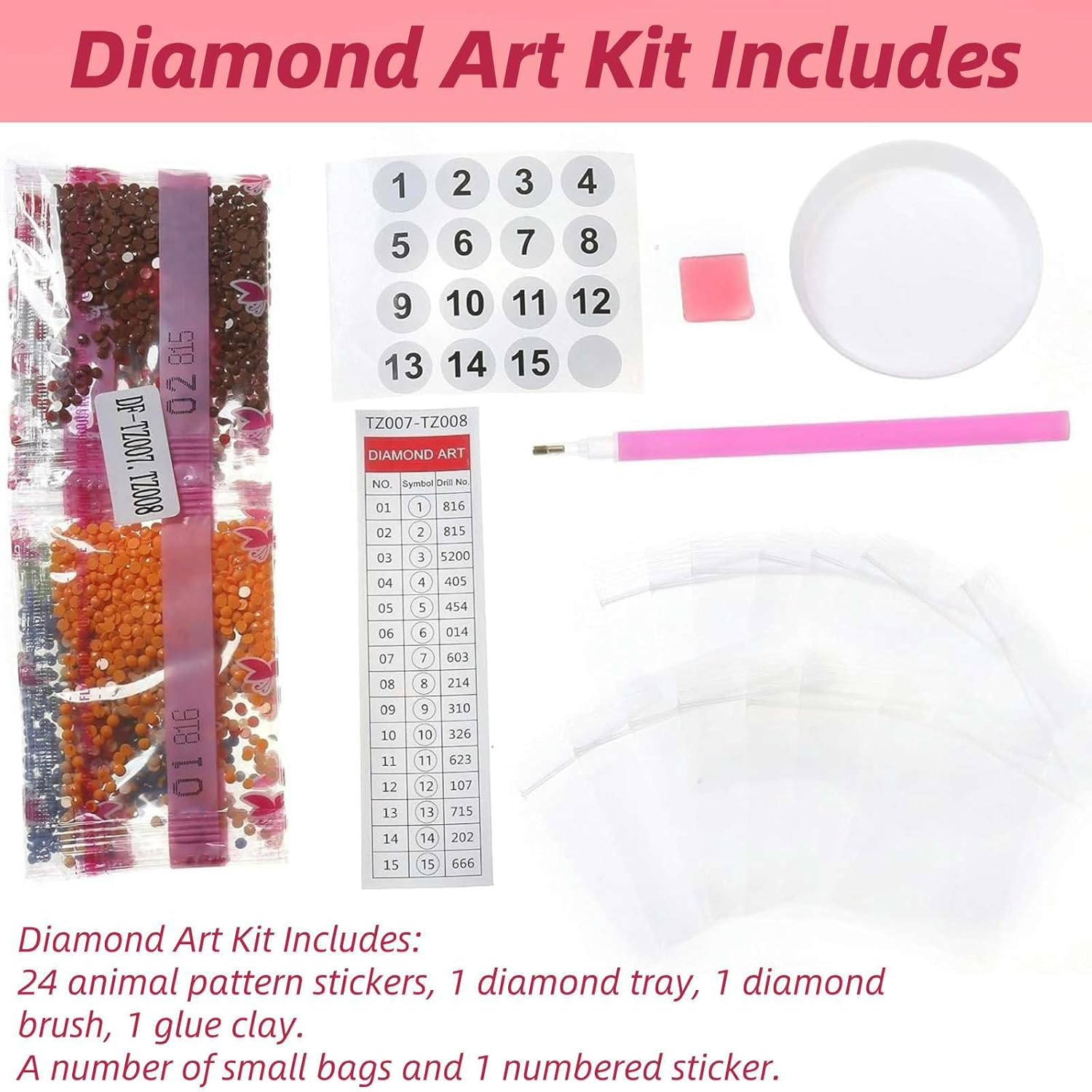 Hilleo Diamond Art Kits for Kids Adults Beginner 24Pcs DIY Animal Stickers Diamond Painting Kit Gem Art for Kids Boys Girls image number 3