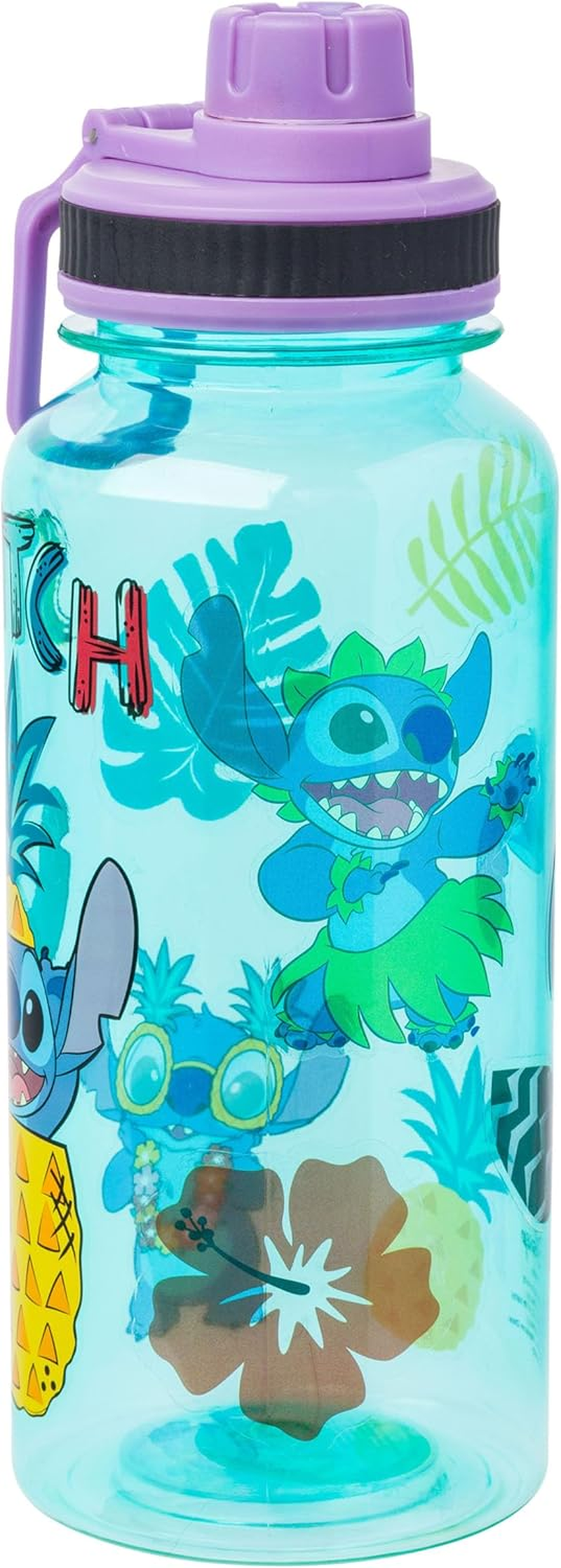 Silver Buffalo Lilo and Stitch Pineapple Twist Spout Plastic Bottle with Sticker Set 32 Ounces