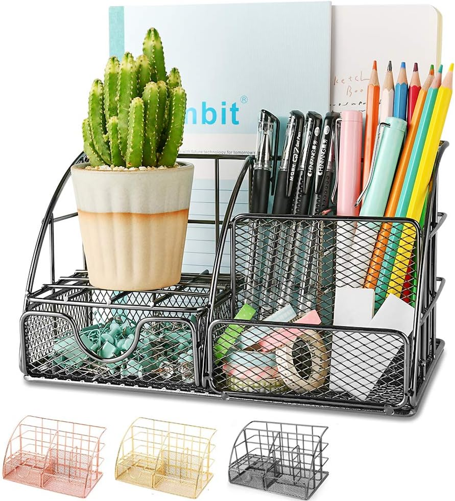 AUPSEN Desk Organizer, Mesh Office Supplies Desk Accessories, Features 5 Compartments + 1 Mini Sliding Drawer(Black)
