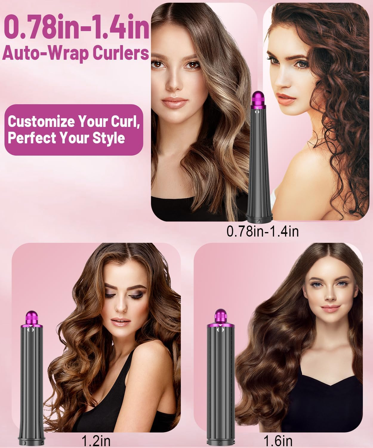 PUREGUST 0.78In-1.4In Conical Long Barrels Attachment for Dyson Airwrap HS01 HS05 Accessories, 20MM-36MM Auto-Wrap Curling Iron Curlers for Professional Barrels Curl and Wave Curl Hair, Rose image number 3