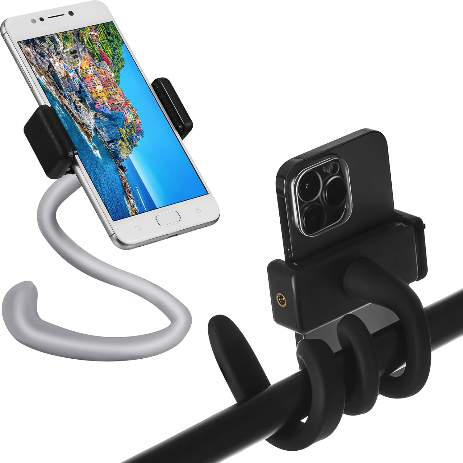 Amylove 2 Pcs Stroller Phone Holder Portable Cell Phone Holder Stand Universal Stroller Accessories for Parent Baby Toddler Cellphone Clamp with Non Slip Silicone Arm Grip(Black,Novel)