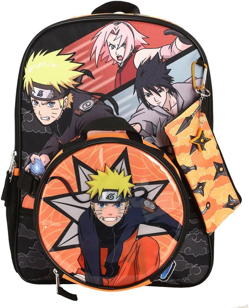 Bioworld Naruto Anime Character Print Orange and Black 5-Piece Backpack Set for Boys, Orange, OSFA, Classic image number 3