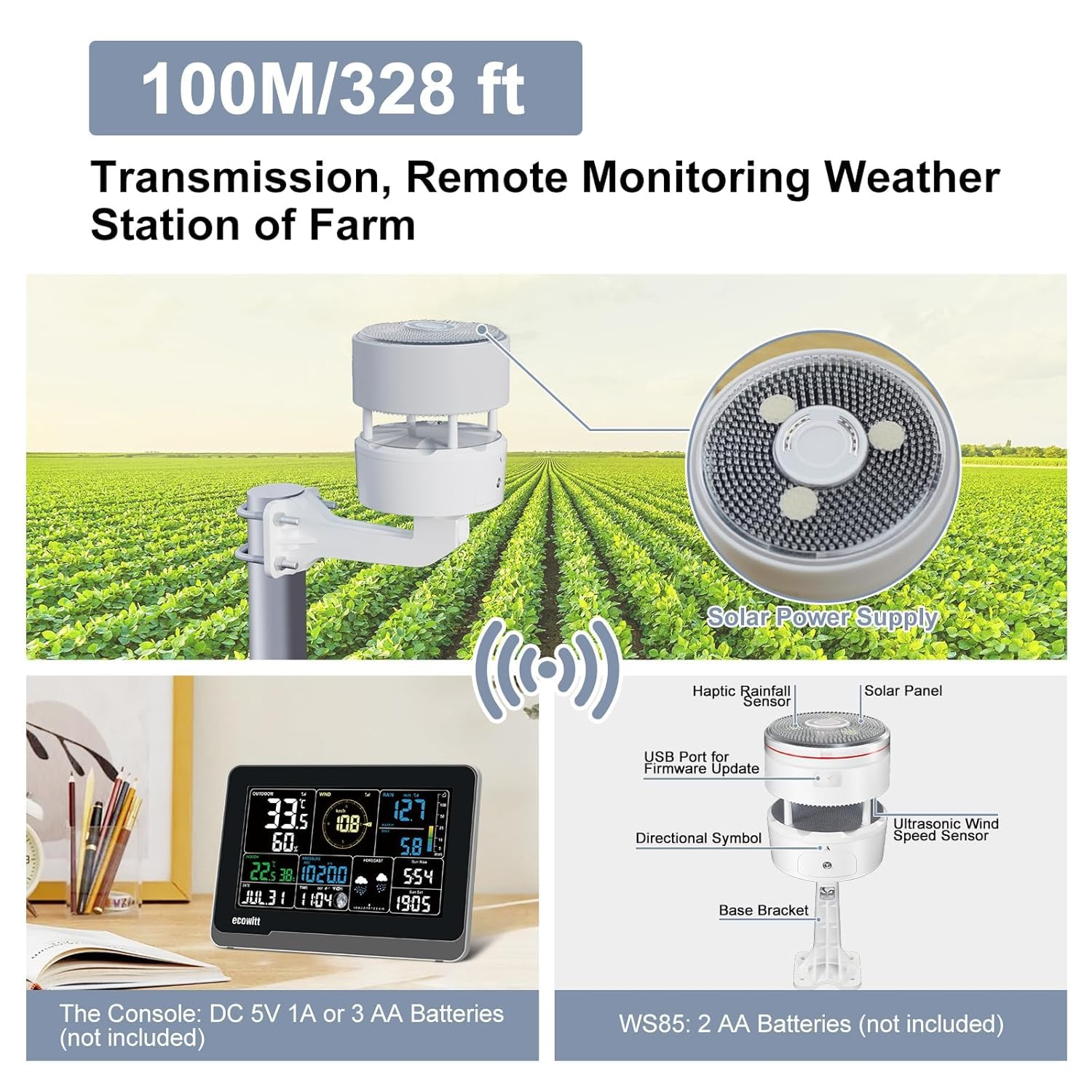 ECOWITT WS3902 Weather Station Kit, Includes WS85 Outdoor Sensor, WN32 Outdoor Thermo-Hygrometer Sensor, and WS3900 Indoor 7.5'' LCD Display Console, 433 Mhz
