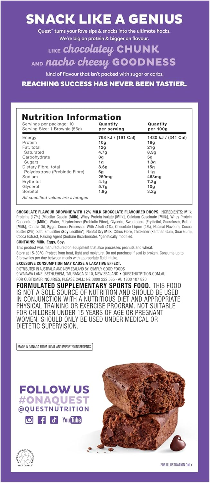 Quest Nutrition Bake Shop, Chocolate Brownies, 10G Protein, 3G Carbs, 1G Sugar, 10 Count