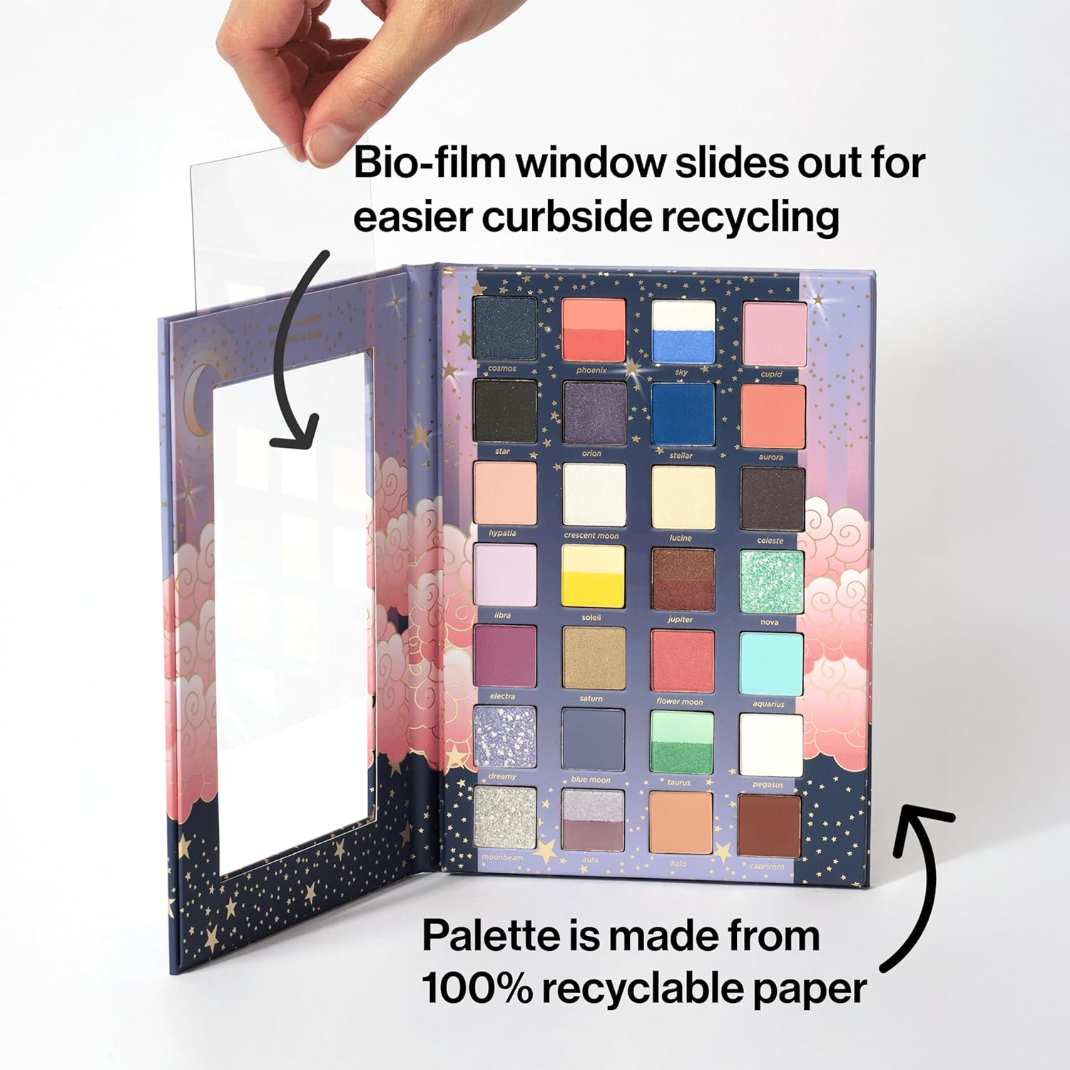 Pacifica Beauty, Stellar Gaze Eye Shadow Palette, 28 Eyeshadow Shades, Mineral Eyeshadow, Matte, Shimmer and Glitter Mica Shades, Vitamin E, Made from 100% Recyclable Paper, Vegan and Cruelty Free image number 1