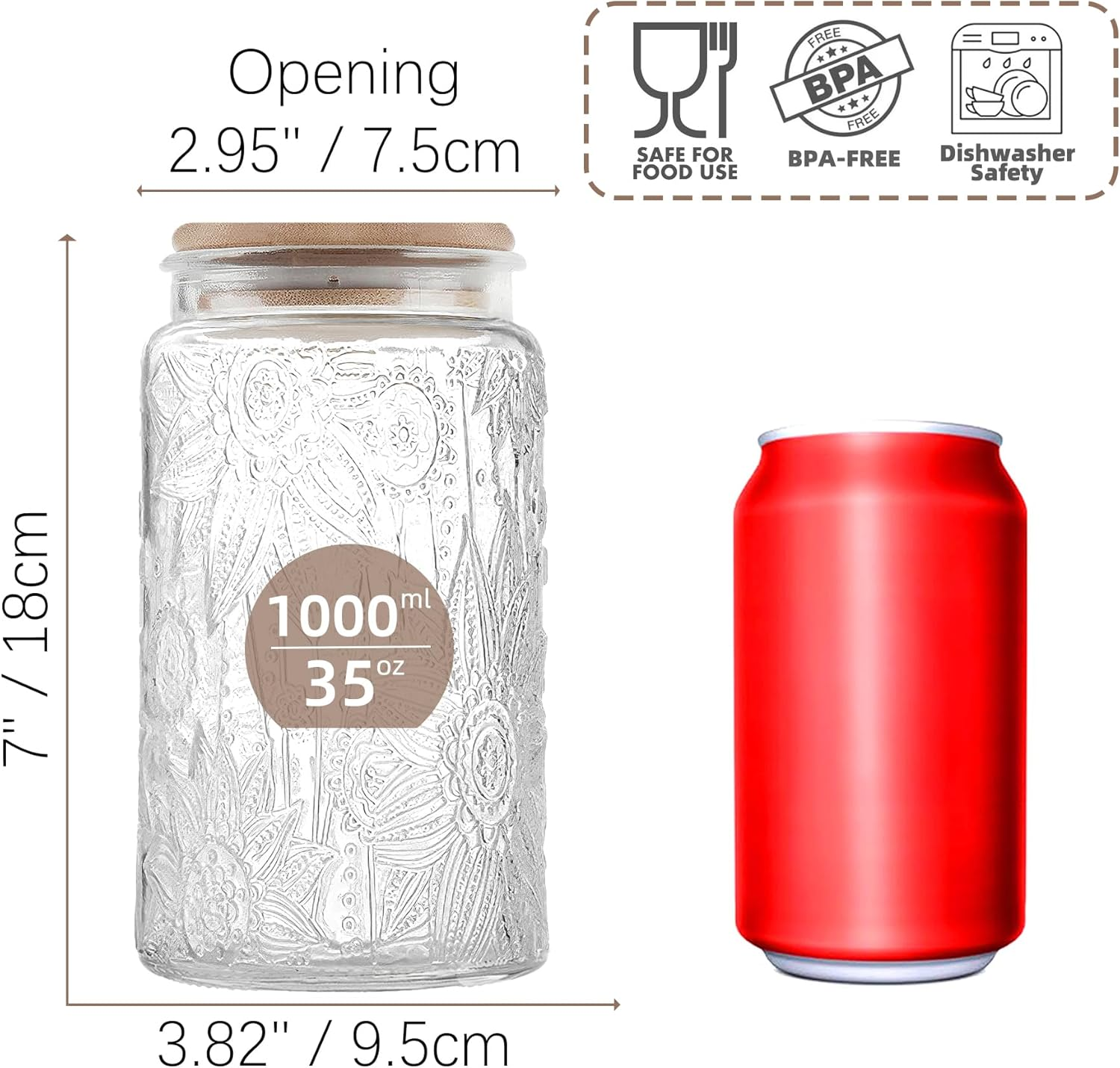 Glass Storage Jars with Airtight Lid, 35Oz Canister for Kitchen Counter with Bamboo Lid, Brown Sugar, Candy, Coffee, Cookie, Salt, Tea,Pantry Cute Jar image number 1