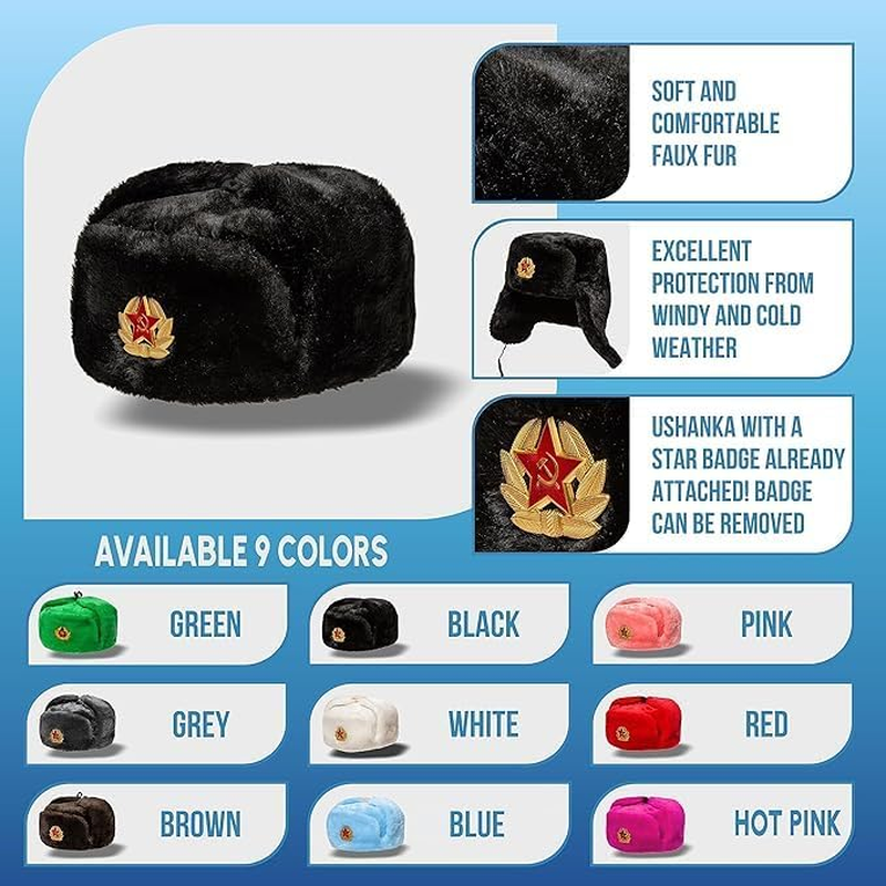 Soviet Style Winter Hat | Faux Fur Ushanka Cossack Hat with Ear Flaps & Decorative Military Pin | Mens Russian Trapper Ski Hat Perfect for Long, Cold Winter Nights One Size-58/60Cm image number 2