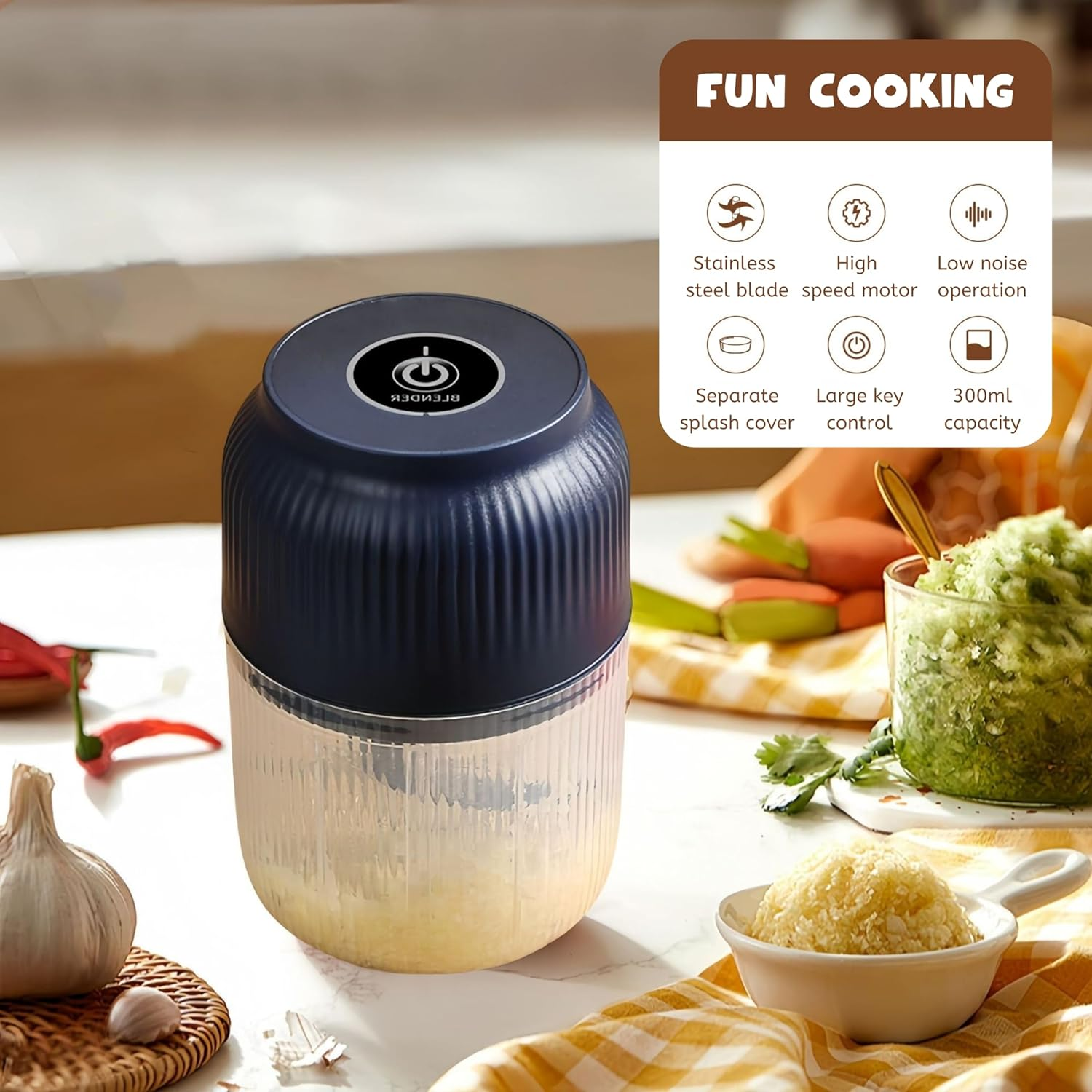 Mini Electric Garlic Beater and Chopper, 300Ml Mini 4 Blade Meat Grinder, Cordless Meat Grinder, Egg Beater. Portable, Rechargeable, for Vegetables, Peppers, Onions, Spices and Nuts (Blue, 300ML) image number 2