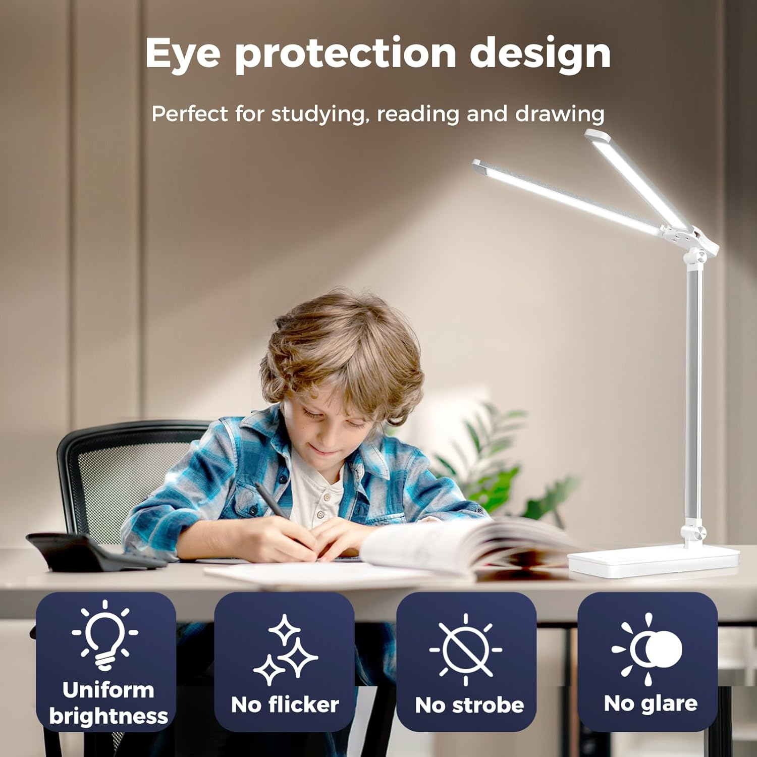 Emitto Desk Lamp for Home Office, Light Eye Caring Foldable Adjustable, USB Rechargeable Reading Light,Touch Control with 5 Color Modes&10 Brightness Level, for Kids Reading Studying, White image number 6