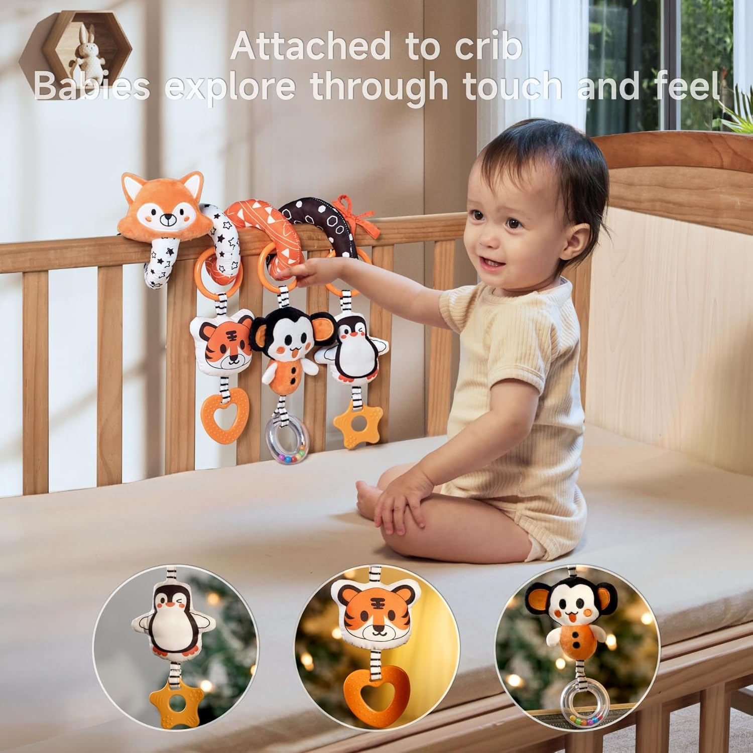 TUMAMA Baby Car Seat Toys - Black and White High Contrast Newborn Infant Soft Hanging Rattle for 0 3 6 12 Months, Crib Stroller Spiral Wrap Toys for 0M+ Babies image number 4