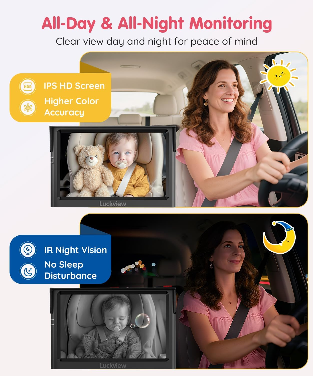 5'' 1080P Baby Car Mirror, Baby Car Camera IR Night Vision, 3X Zoom in Closer, Colors Accuracy & Full Viewing Angles, Driving Safety Baby Car Monitor for Back Seat Rear Facing BM1 BM1-US image number 1