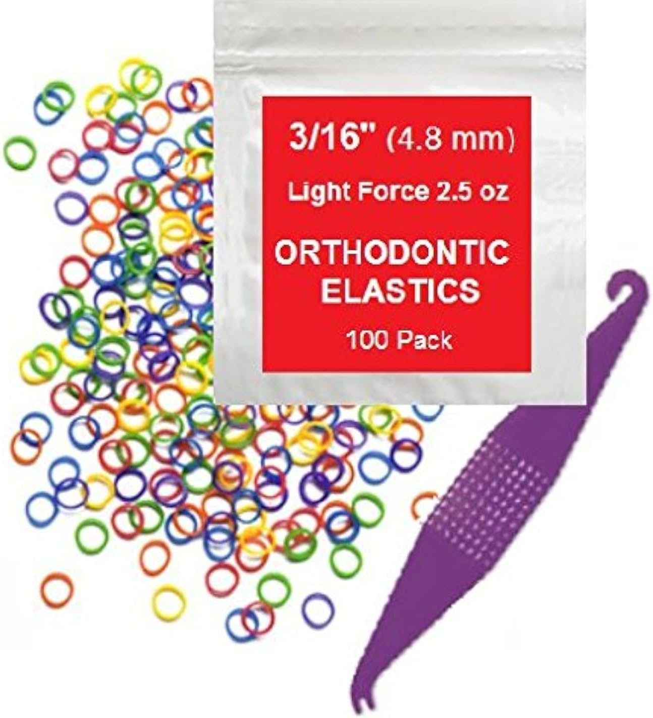 Orthodontic Rubber Bands for Braces - Premium Quality Elastic Teeth Rubber Bands for Braces, Fix Tooth Gaps, Dreadlocks, Includes Free Elastic Placer - Heavy Force 4.5 Oz, 3/16 Inch, Neon (100 Pack)