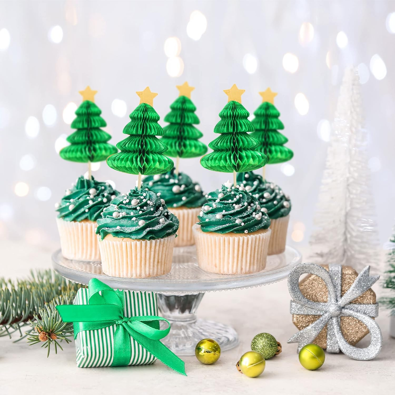 Gyufise 24Pcs Christmas Tree Cupcake Toppers Green 3D Christmas Tree Cupcake Picks for Merry Christmas Theme New Year Holiday Baby Shower Kids Birthday Party Cake Decorations Supplies image number 3