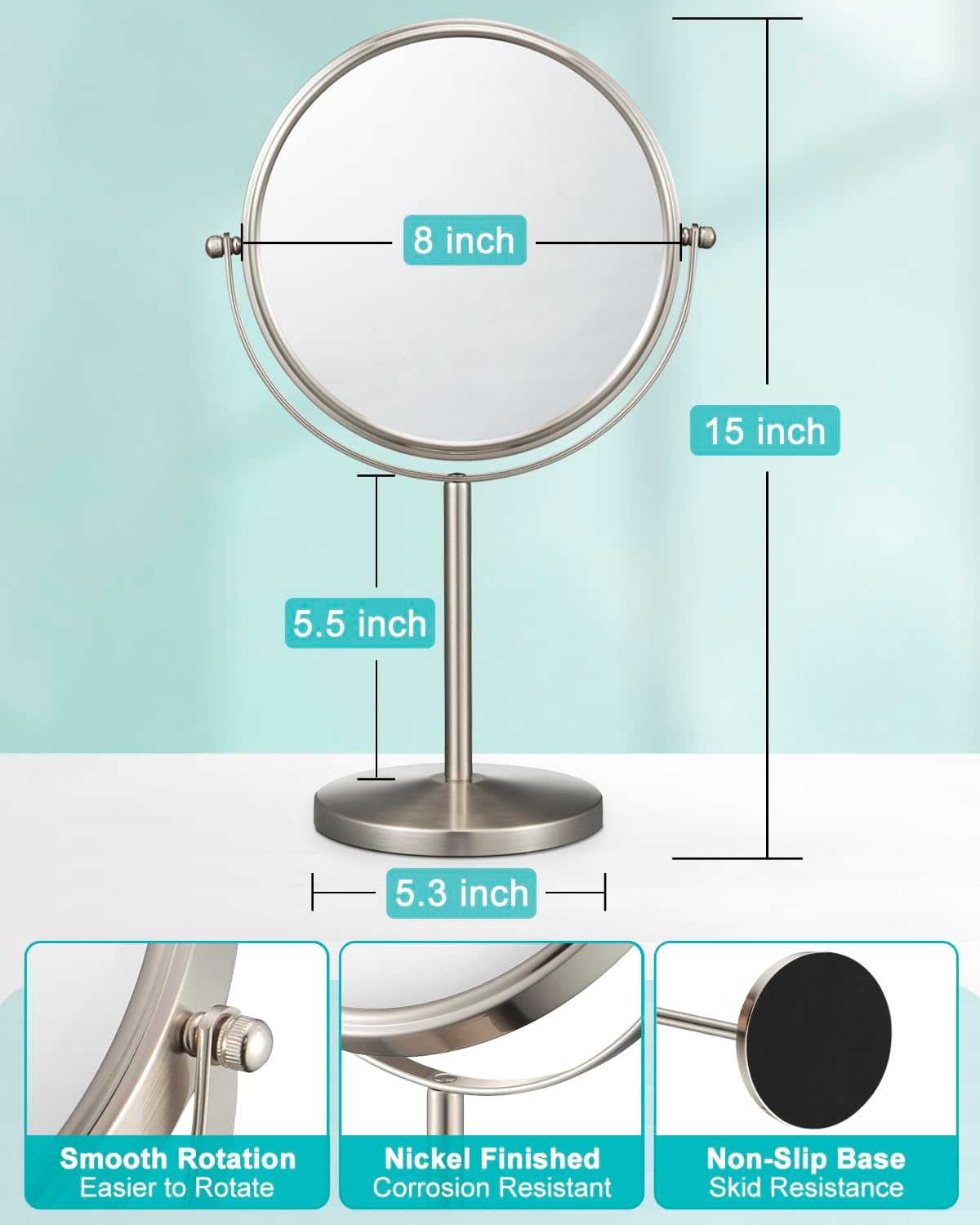 ALHAKIN 1X/15X Magnifying Makeup Mirror, Double Sided Mirror with Stand, Tabletop Desk Mirror 360&deg;Rotation for Bathroom, Nickel image number 1