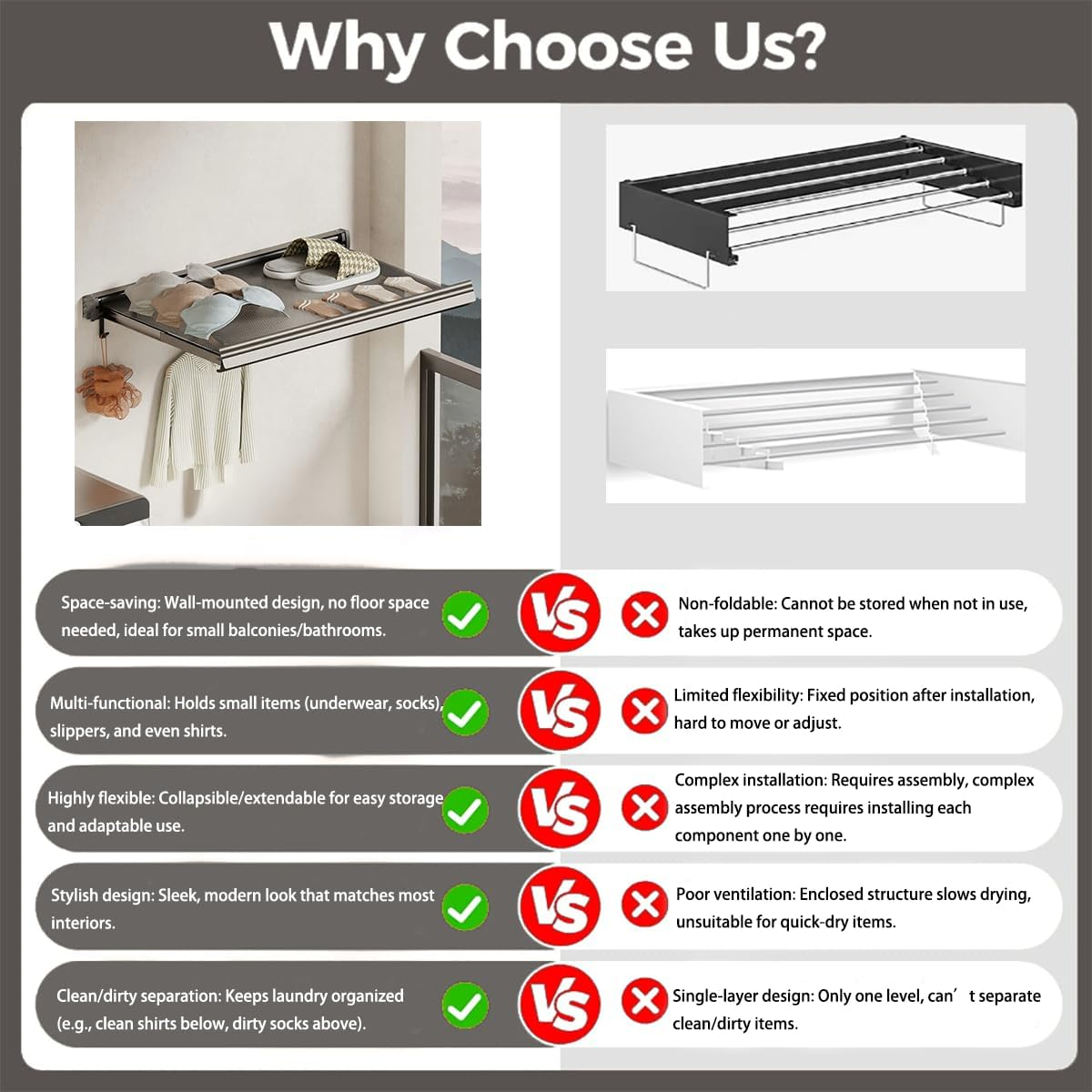 CLOUDSEASON Bathroom Clothes Hanger Adjustable Drying Rack Peel-And-Stick Installation - Wet/Dry Separation Design - Multi-Purpose Clothes and Shoes Drying Rack - 2 Size Options (44Cm 6 Hooks) image number 5