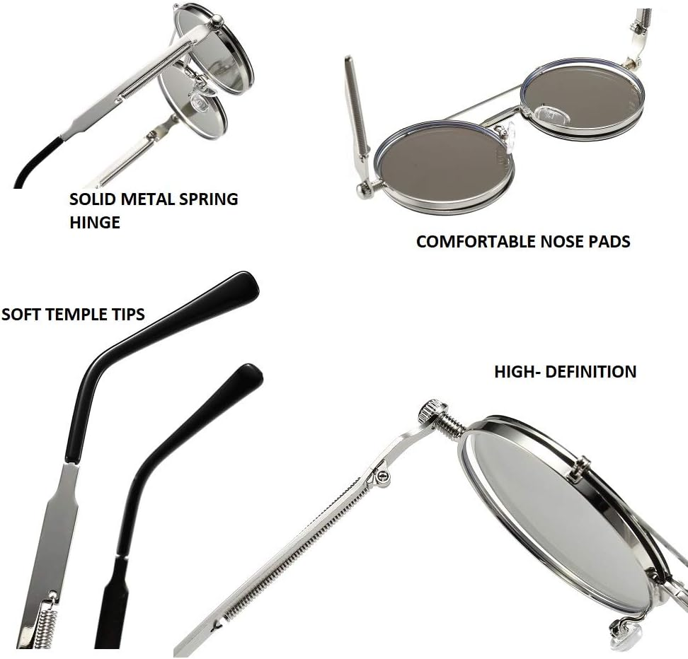 Vintage round Flip up Steampunk Sunglasses Retro Clamshell Punk Eyewear Metal Circle Glasses for Men Women image number 3