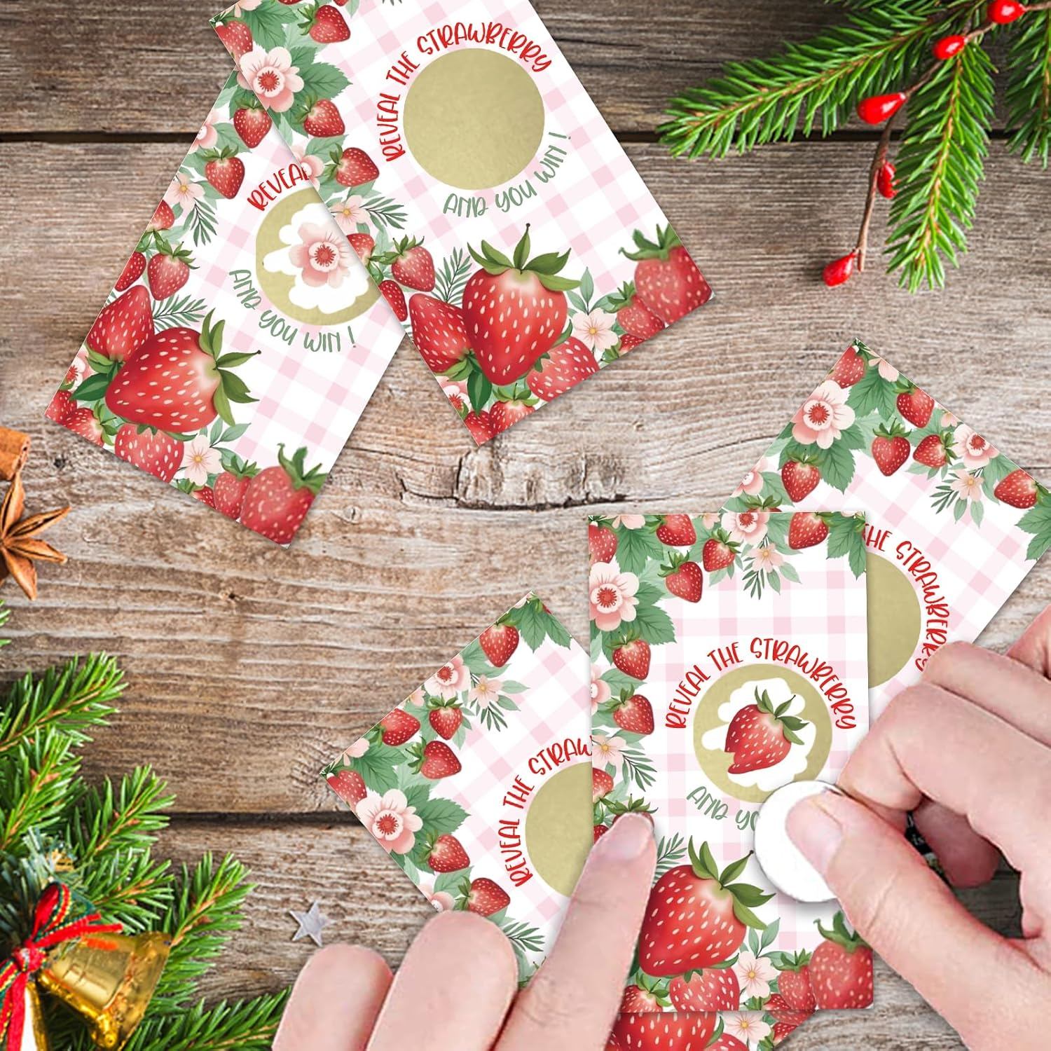 166REWIDPARTY 32 Pcs Strawberry Theme Scratch off Cards, Strawberry Baby Shower Scratch off Tickets, Pink Fruit Berry Raffle Tickets, Funny Summer Wedding Birthday Party Cards Supplies Decorations image number 1