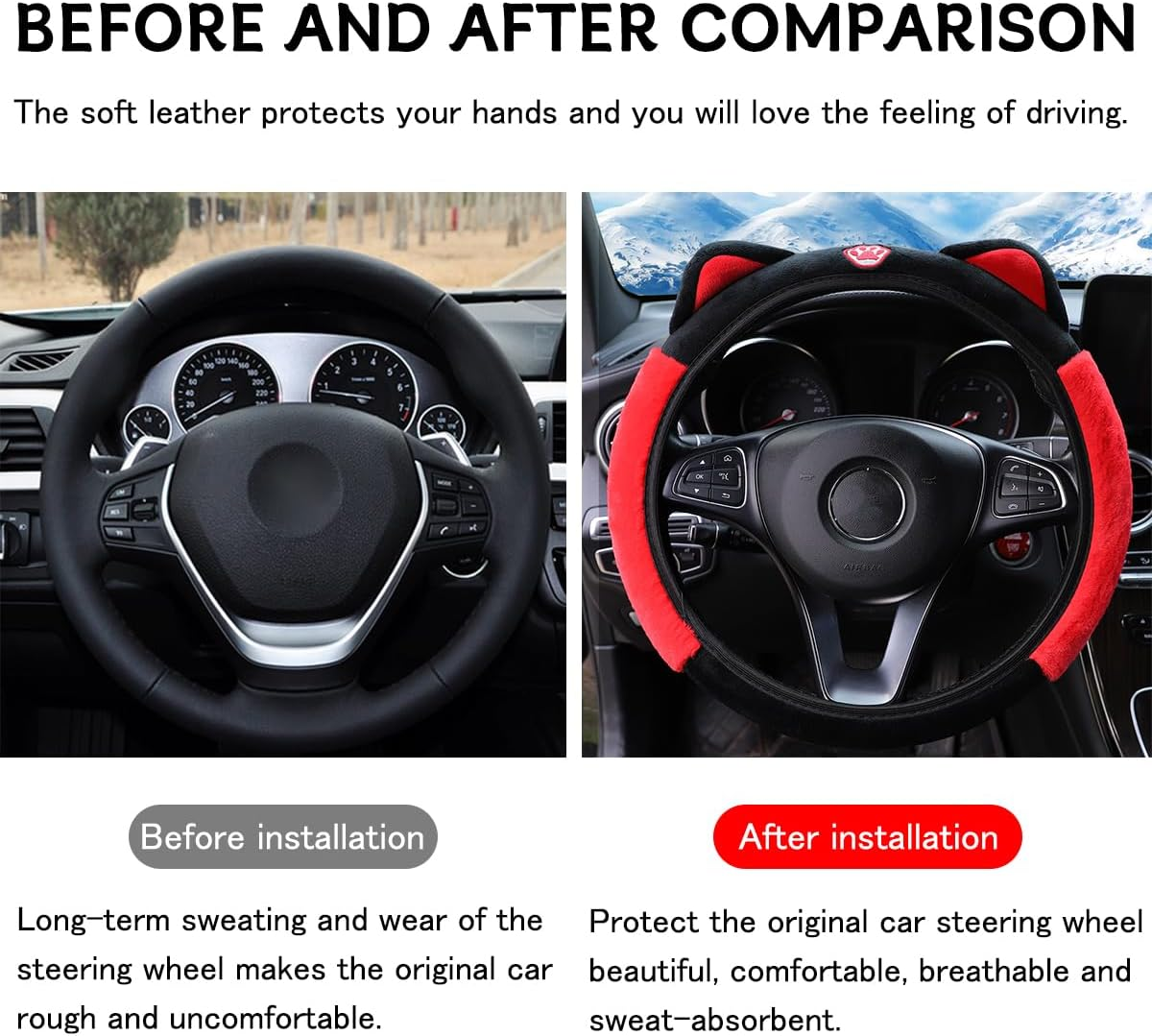 Car Steering Wheel Cover, Fluffy Soft Plush for Winter Warm, Cute Steering Wheel Protector with Kitty Cat Ears, Universal 15 Inch, Elastic & Anti-Slip, Lovely Decor Car Accessories (Black/Red)