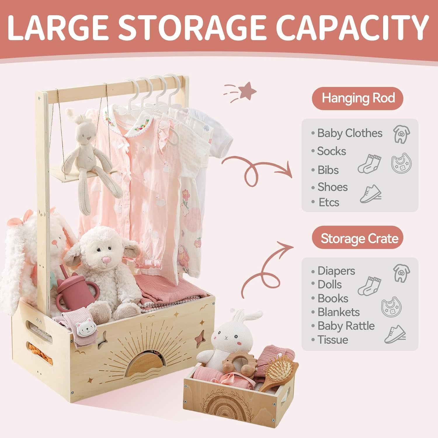 Wooden Baby Shower Crate Closet Set, Shower Party Basket with Handle and Swing, Large Capacity Baby Storage Crate, Newborn Baby Gifts Basket for Pregnancy New Parent (2 PCS) image number 1