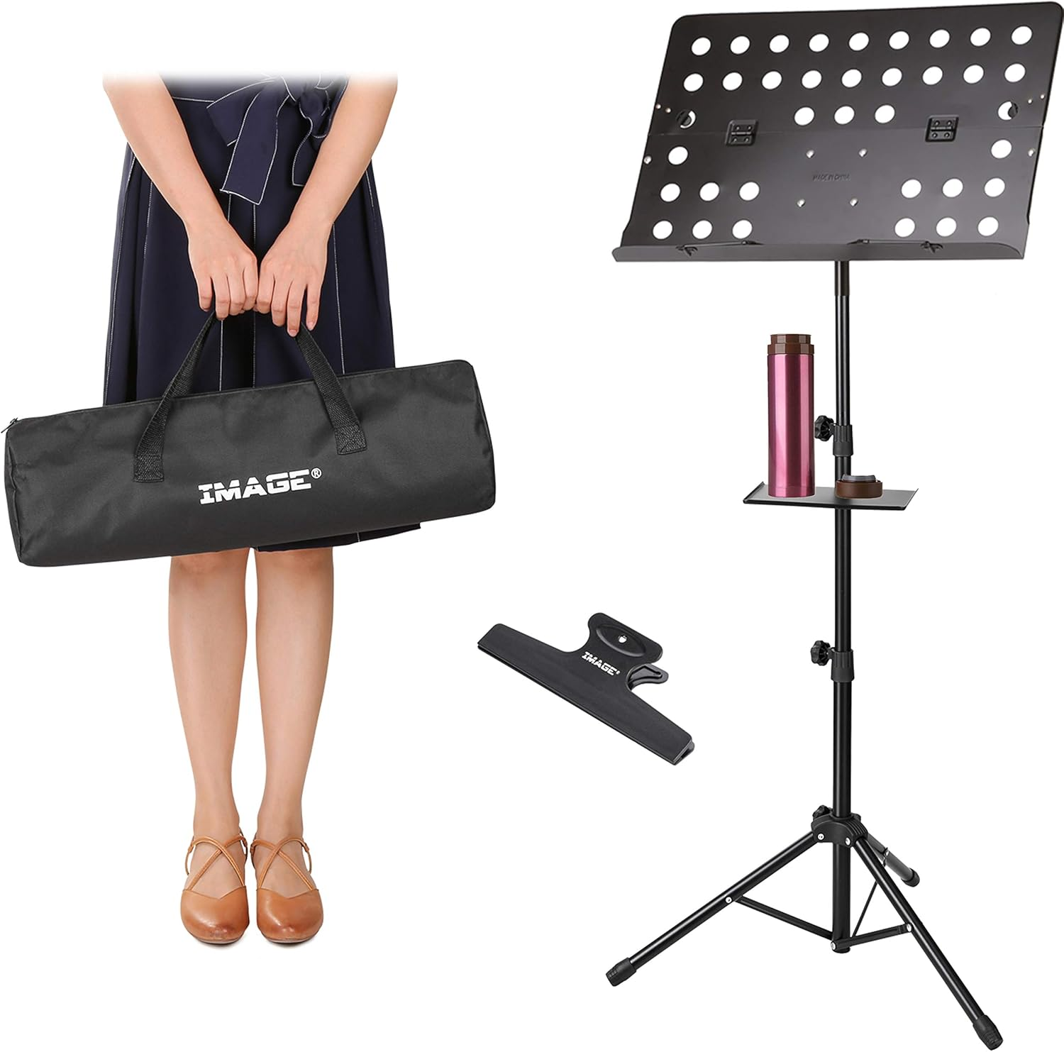 IMAGE 55-160 Cm Sheet Music Stand Adjustable and Foldable Travel Metal Music Stand with Music Tray, Carrying Bag, and Music Sheet Clip Holder for Instrumental Performance image number 2