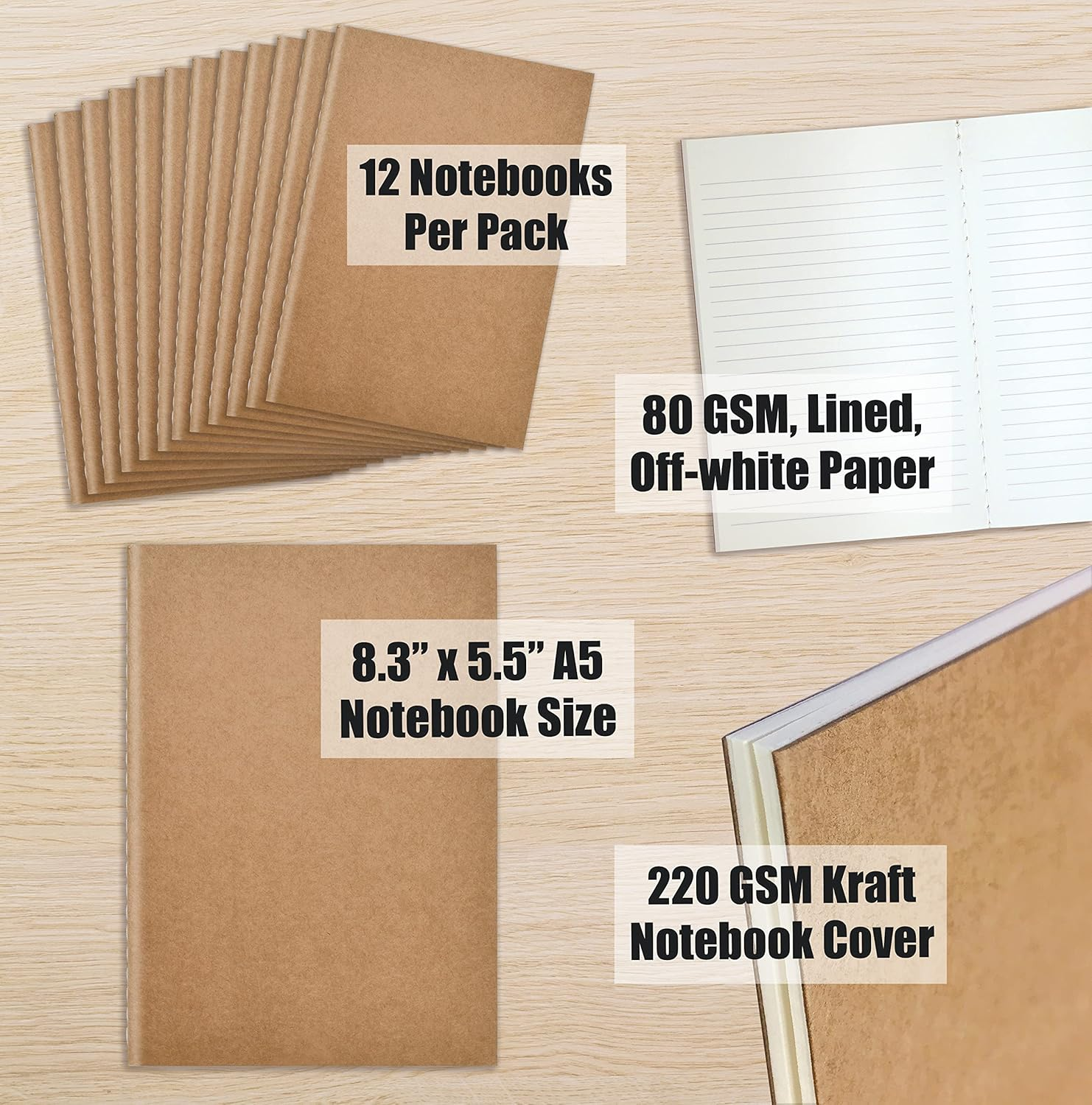 Better Office Products Kraft Notebooks Lined Paper, Bulk Pack 8.3 in X 5.5 In, A5 Size, 60 Lined Ivory Pages, 80 Gsm, Soft Cover Composition Notebooks, Stitched Spines, Kraft Travel Journals