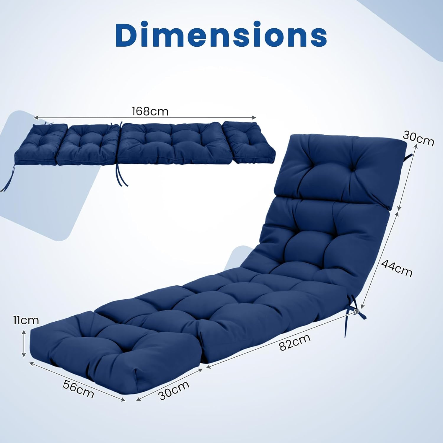 Costway Sunlounger Chair Cushion, High Back Recliner Cushion with 4 Fixing Ties, Thick Padded Reclining Chair Rocking Cushion for Outdoor Indoor (Only Cushion) (1, Navy, 186 X 56 X 11 Cm) image number 4