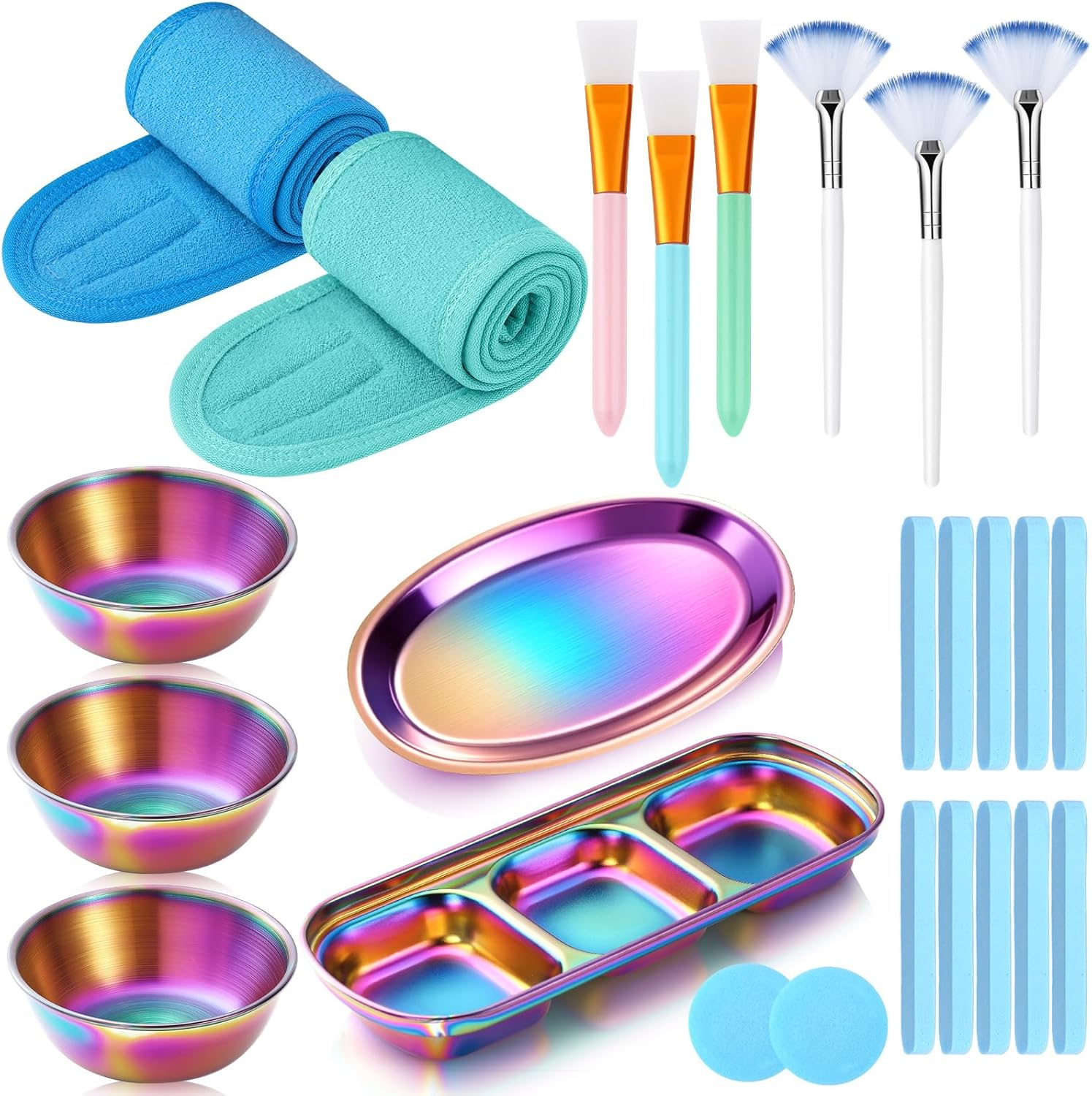 Lemonroad 25 Pcs Esthetician Facial Supplies Set, 3 Stainless Steel Mixing Bowls, 2 Serving Trays, 6 Brushes, 2 Hairbands, 12 Compressed Sponges for Women Facial Mask Spa Home Use (Silver)