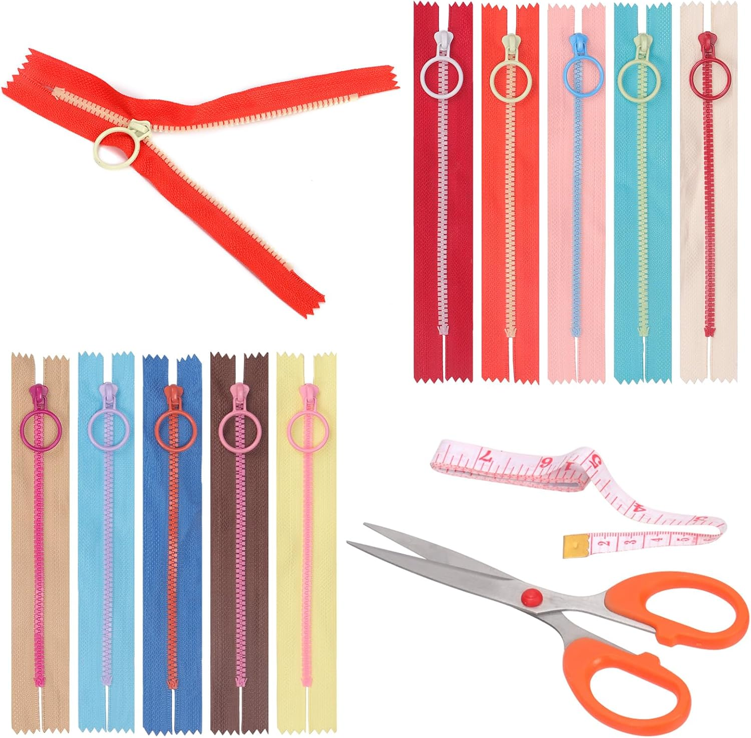 Rustark 12Pcs 6Inch/15Cm 10 Colors Nylon Resin Zipper Assortment Kit with Scissor Ruler Zippers with Lifting Ring Pull Resin Zipper Nylon Plastic Zippers Coil Zipper for DIY Sewing Craft Bags Clothing image number 6