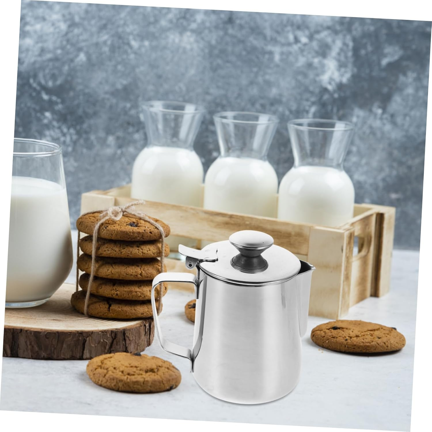 HIAKDOFT Pull Flower Cup Coffee Cup Espresso Milk Steam Pitcher Milk Frother with Lid Small Pouring Jug Stainless Steel Silver image number 5