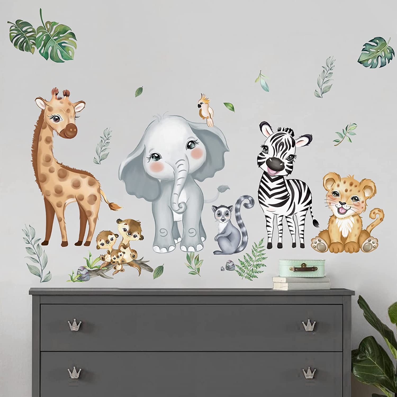 Decalmile Jungle Animals Wall Decals Elephant Giraffe Safari Wall Stickers Baby Nursery Kids Room Living Room Wall Decor image number 1