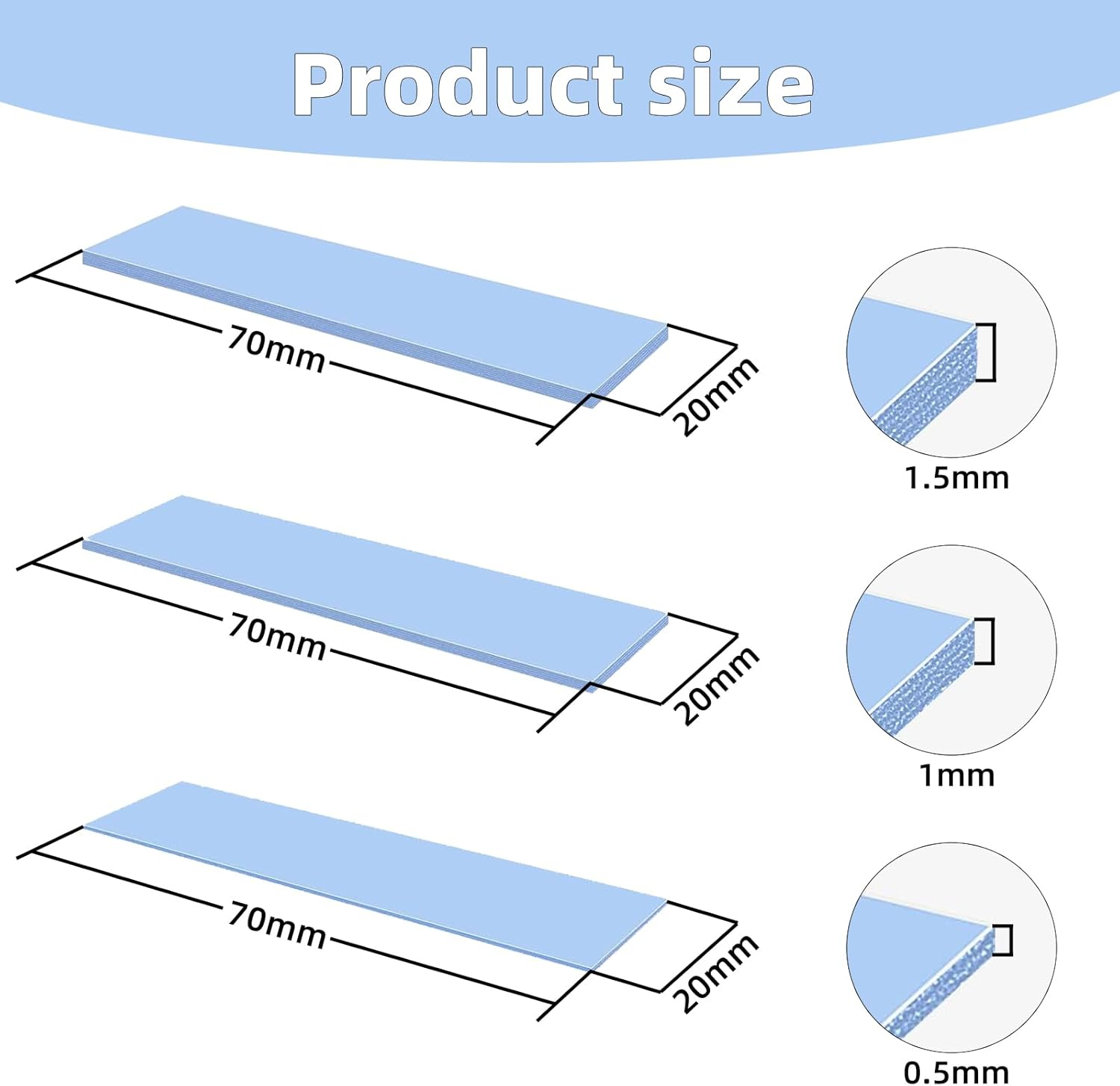 Hzqzaoan 12 Pcs Assorted Thickness 0.5/1.0/1.5 Mm Silicone Thermal Pads with 6.0 W/Mk Thermal Conductivity, High Performance Thermal Conductive Pads for SSD CPU GPU LED IC Chipset Cooling (Blue) image number 2