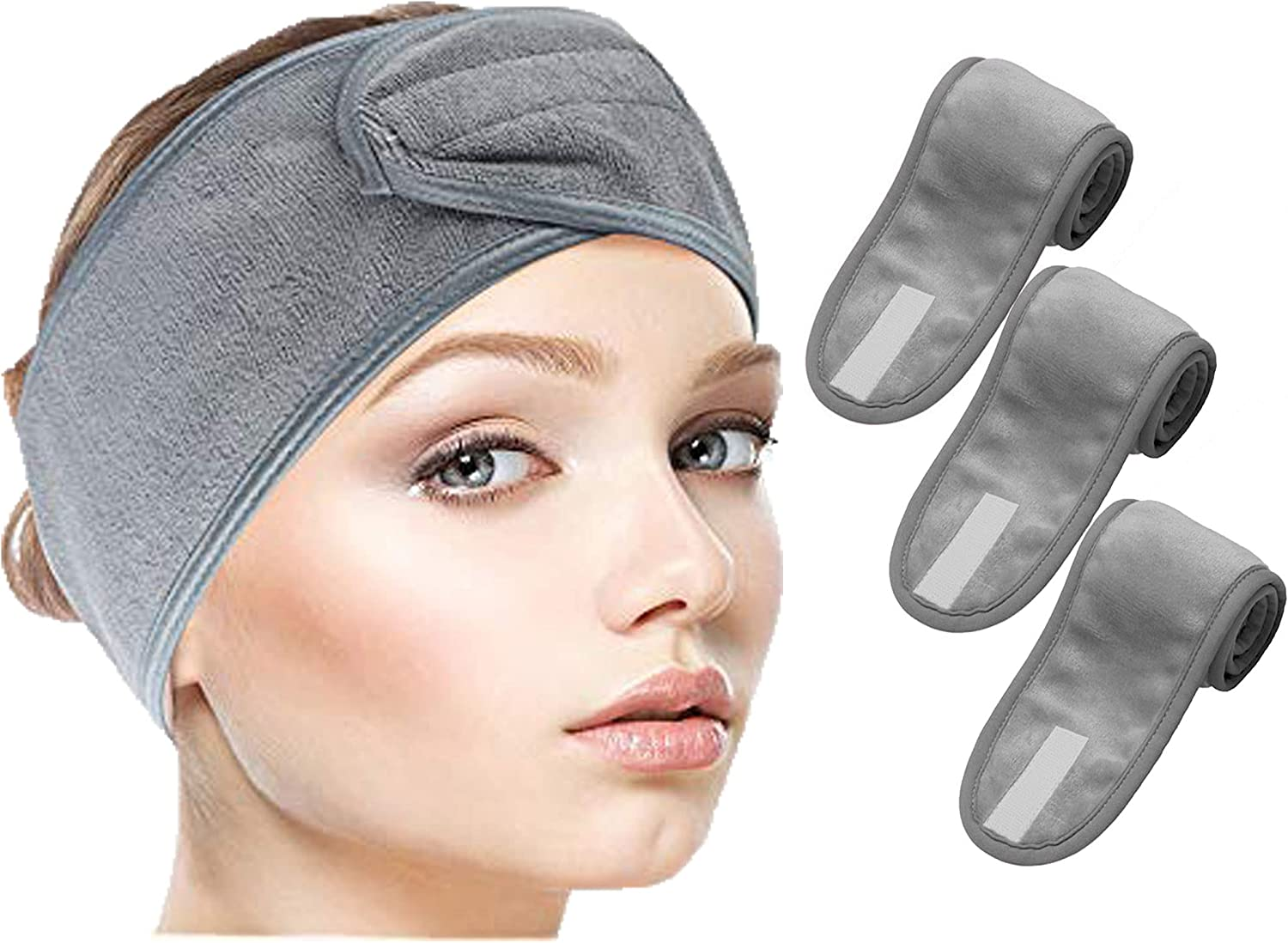 Pglife Spa Facial Headband,Microfiber Adjustable Hair Band,25 X 3.5 Inches,3 Pack, Gray