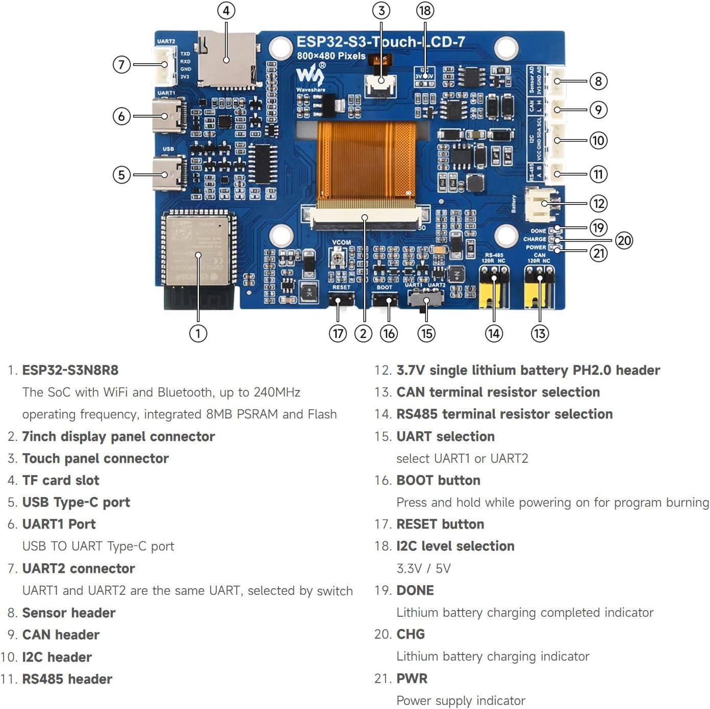 Waveshare ESP32-S3 7Inch Capacitive Touch LCD Development Board, ESP32 with Display, 800&times;480, 5-Point Touch, up to 240Mhz Frequency, Supports Wi-F & Blue-T, with Onboard An-Tenna image number 5