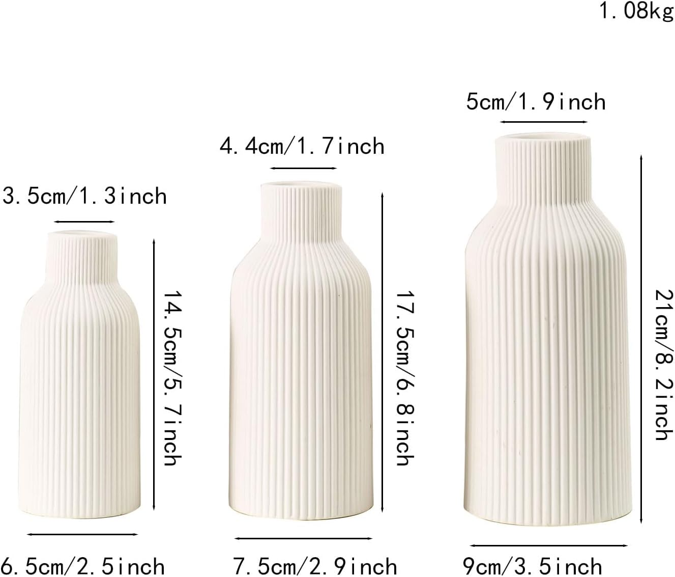 White Ceramic Vase Set of 3 - Minimalist Modern Ribbed Vases Home Decor for Desk, Shelf, and Table, Aesthetic Flower Vases for Entryway, Mantle, Bookshelf image number 6