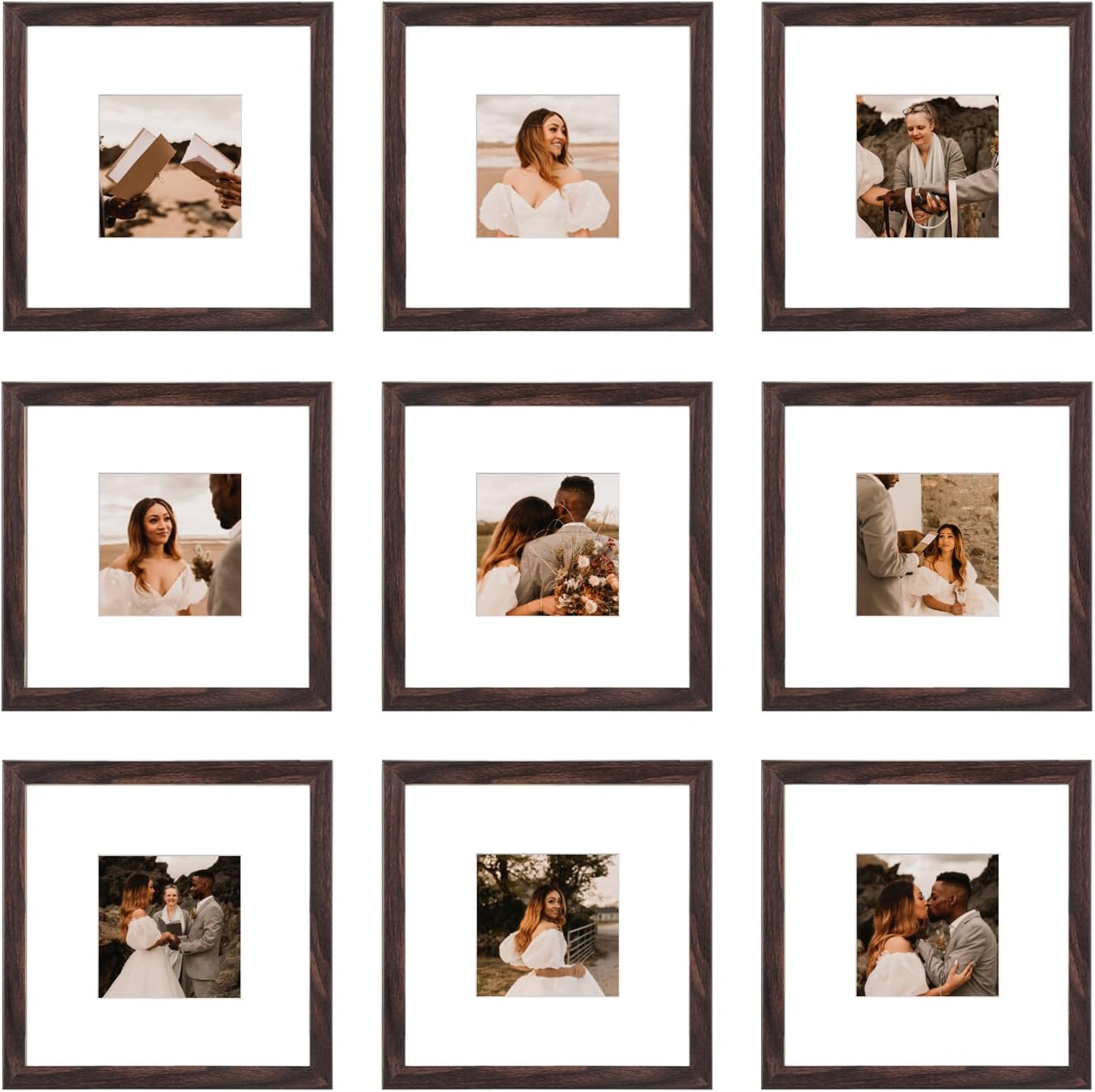BSRHOME 12X12 Picture Frame Set of 9, Display Pictures 8X8 with Mat or 12X12 without Mat, Multi Collage Gallery Square Photo Frames for Wall or Tabletop, White