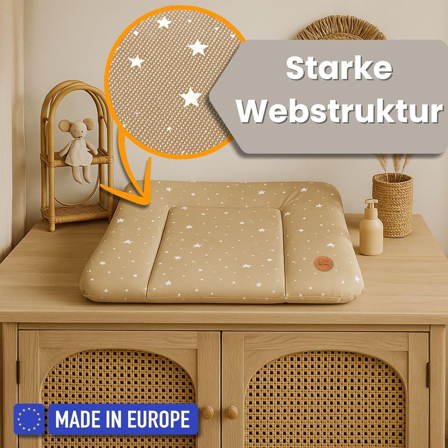 Changing Mat Washable and Waterproof 70 X 50 Cm - Changing Mat for Laying on Changing Table Changing Table Changing Table or Washing Machine Changing Mat 70 X 50 Cm Beige with White Stars