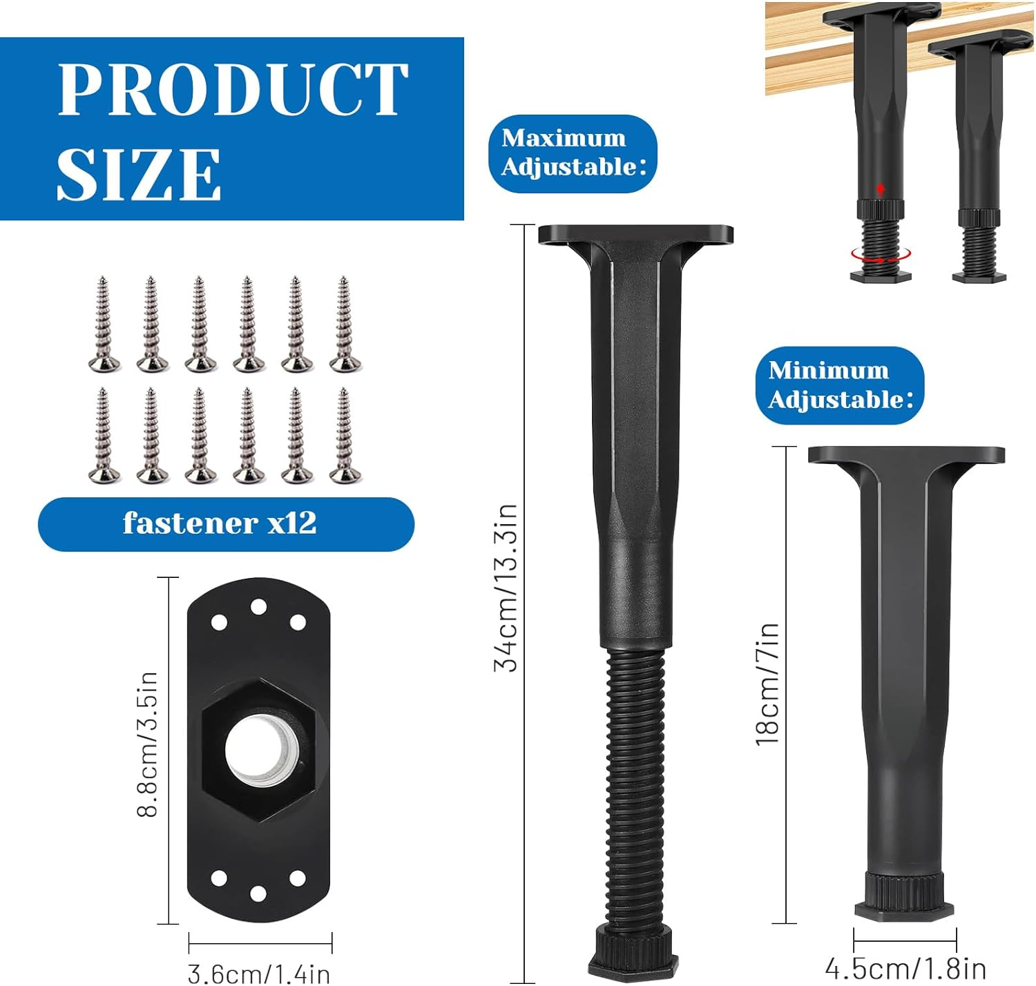 2Pcs Adjustable Height Center Support for Bed Frame, Bed Support Legs, Bed Frame Center Support for Furniture (2Pcs, 18-34 Cm) image number 1