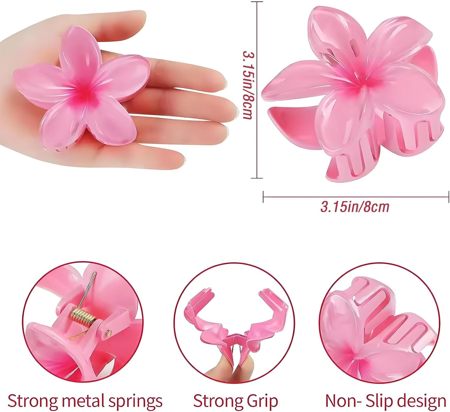 MYTOAU 8 Pack Claw Clips for Women,Hawaiian Plumeria Hair Accessories,Flower for Women,Nonslip Hair Girls, Large Claw Clips for for Wedding, Party, Vacation, Beach Decoration image number 5