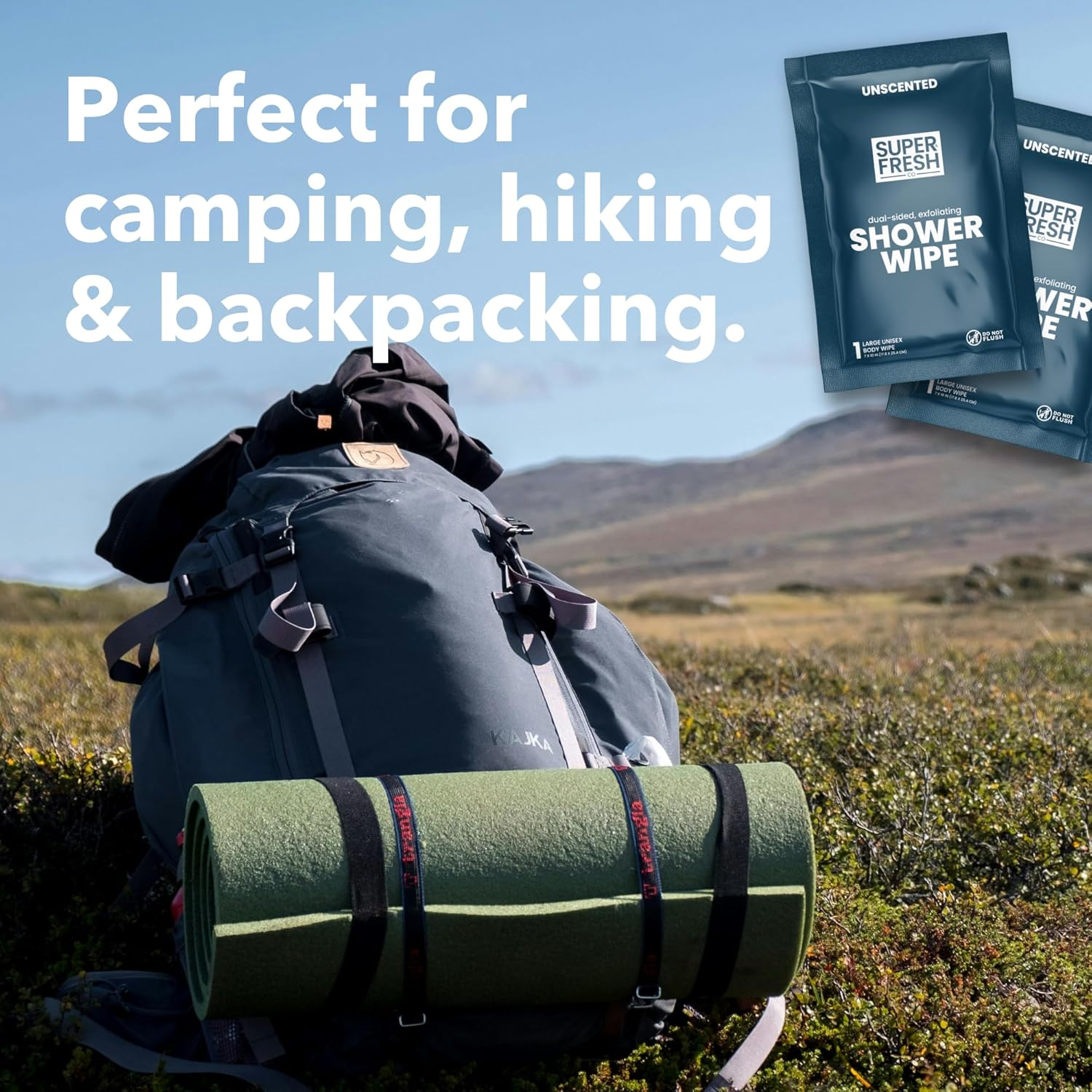 Super Fresh Funkblock Shower Wipes - Large Body Wipes for Hygiene, Camping Wipes, Gym & Travel. No Rinse Bathing Wipes with Aloe & Vitamin E. Unscented. Bag of (10) Individually Wrapped Wipes