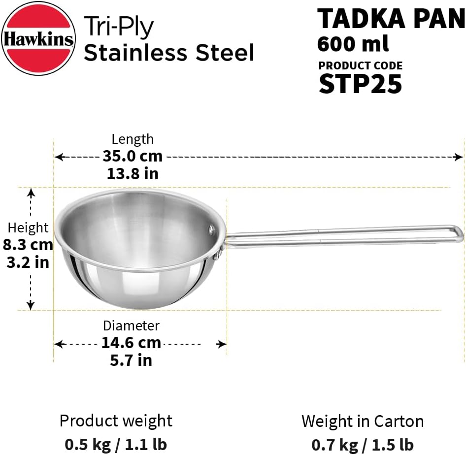 Hawkins 2.5 Cup Tadka Pan, 600Ml Triply Stainless Steel Pan, Silver (STP25) image number 3