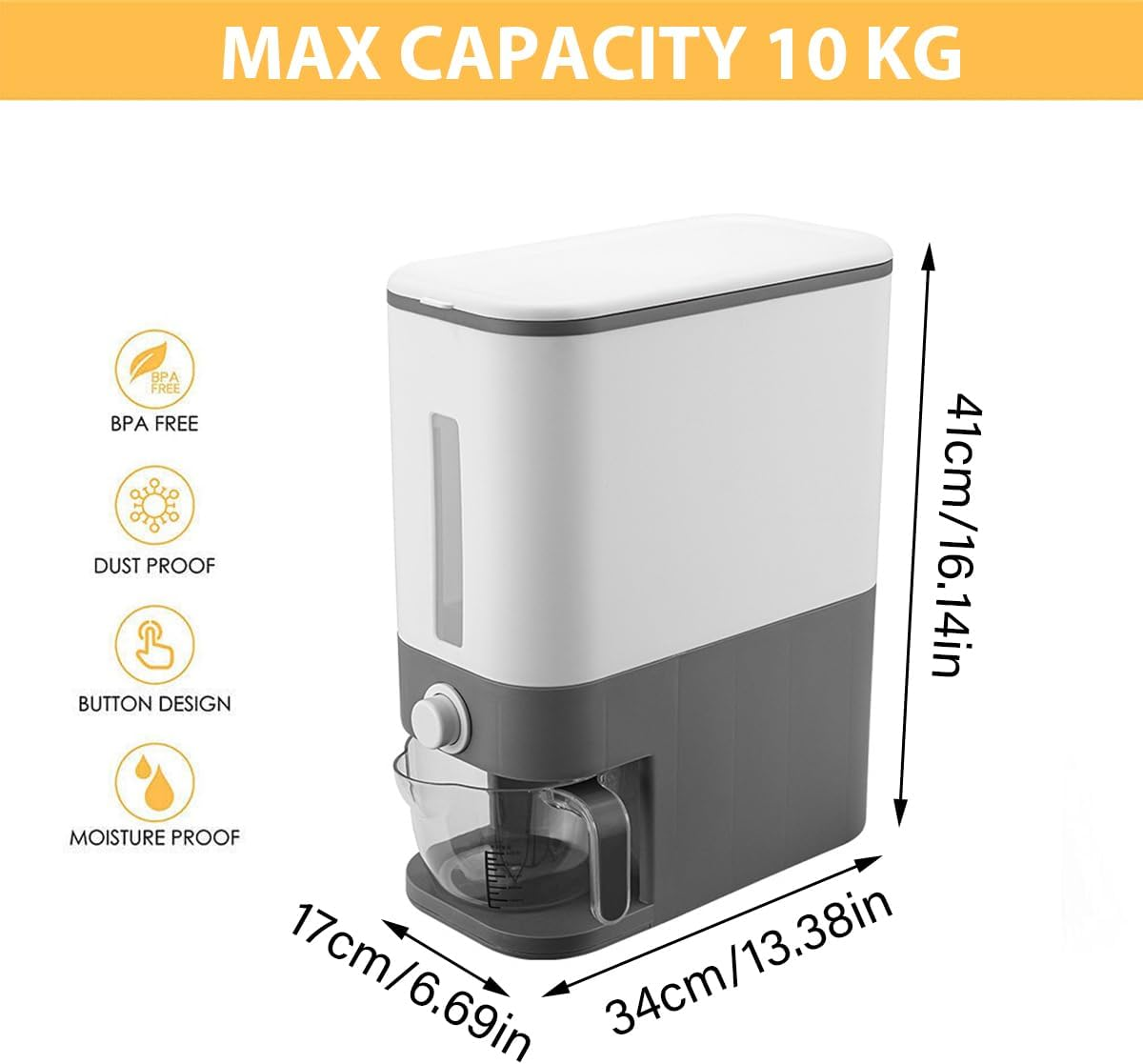 AIMALL 12Kg Automatic Grain Dispenser, Large-Capacity Food Storage Container for Kitchen, Moisture-Proof Rice Cereal Box